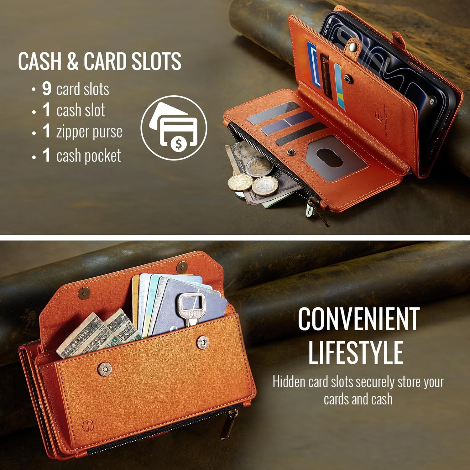Strapurs Wallet Case Compatible with iPhone 17 Pro 6.3" RFID Blocking 9-Card Holder Soft PU Leather Magnetic Snap Shoulder Strap Zipper Pocket Phone Case Fit for iPhone 17 Pro for Women - Orange