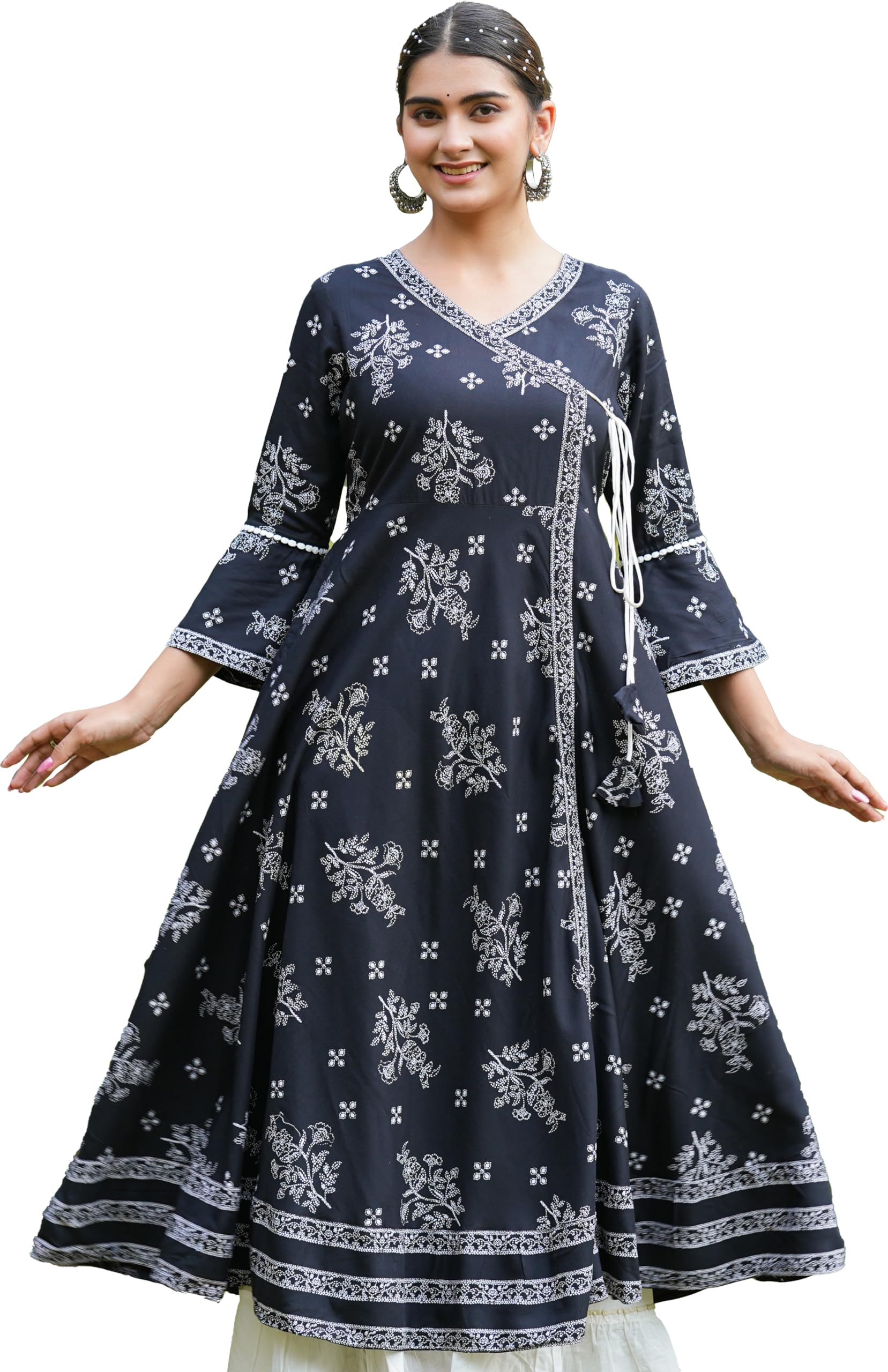Yash Gallery Women's Rayon Relaxed Fit Angrakha Plus Size Floral Printed Kurta