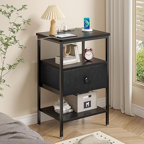 Miniatura 12 de VECELO Mesitas de noche, mesas auxiliares modernas, mesita de noche con cajón y estante de almacenamiento para dormitorio, sala de estar Retro