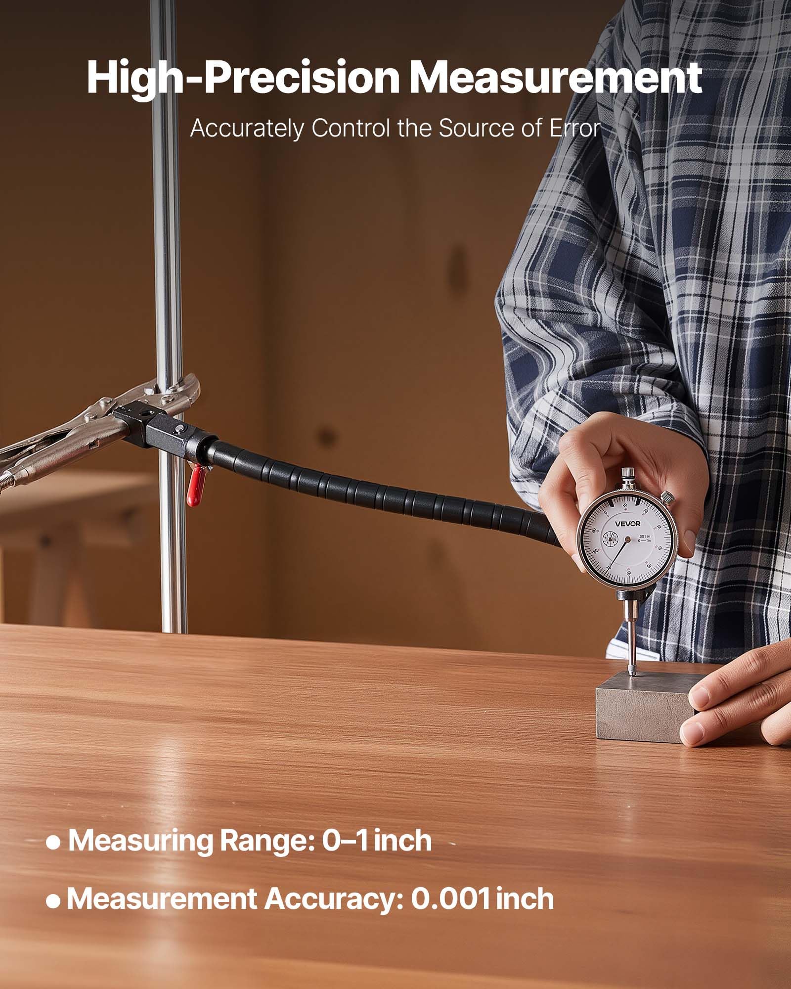 VEVOR Indicateur de test à cadran avec bras flexible 360° et pince de verrouillage 360°, comparateur à cadran, précision 0,03 mm, plage de mesure de 0 à 25,4 mm, avec étui de rangement, pour usinage