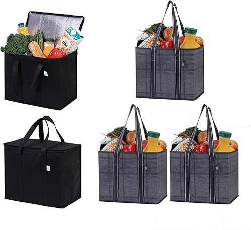 VENO Paquete de 5 bolsas de compras reutilizables de alta resistencia (paquete de 2 bolsas aisladas reutilizables para comestibles + 3 bolsas de