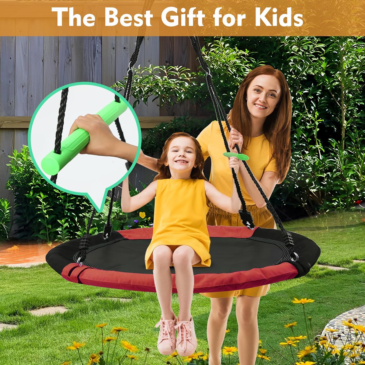 3.3FT Round Saucer/Tree Swing with Handles -Made of Sturdy Frame,PP Mat,Adjustable Multi-Strand Ropes,Safe and Durable for Yard Garden Playground Park (Black and Red, 40 inches)