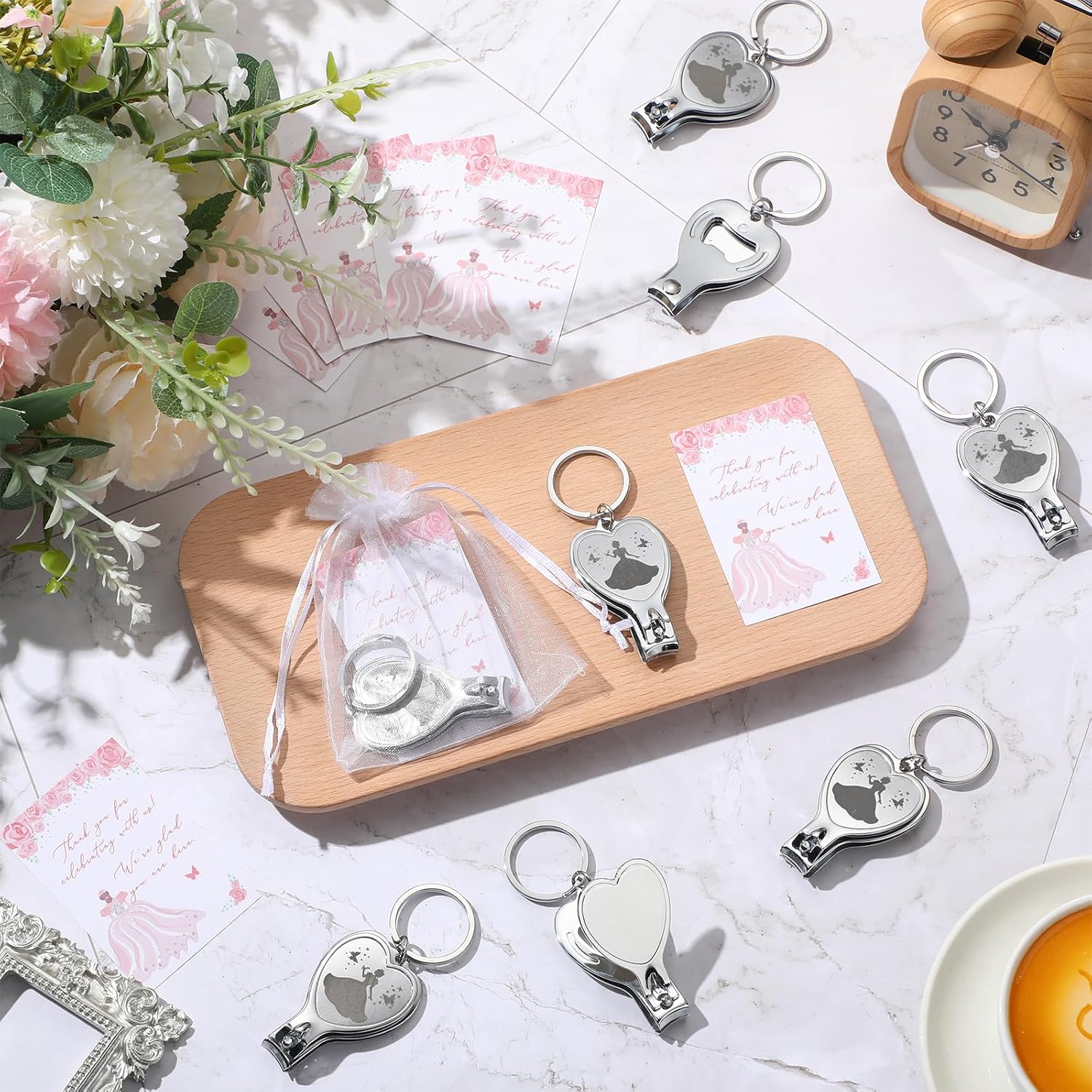 Pickmesh 25 Sets Quinceanera Party Favors for Guests 25 Multi Function Bottle Opener Nail Clipper 25 Thank You Cards Small Quinceanera Gift Cards 25 Organza Bags for Guests Girls Party Favors - Image 4