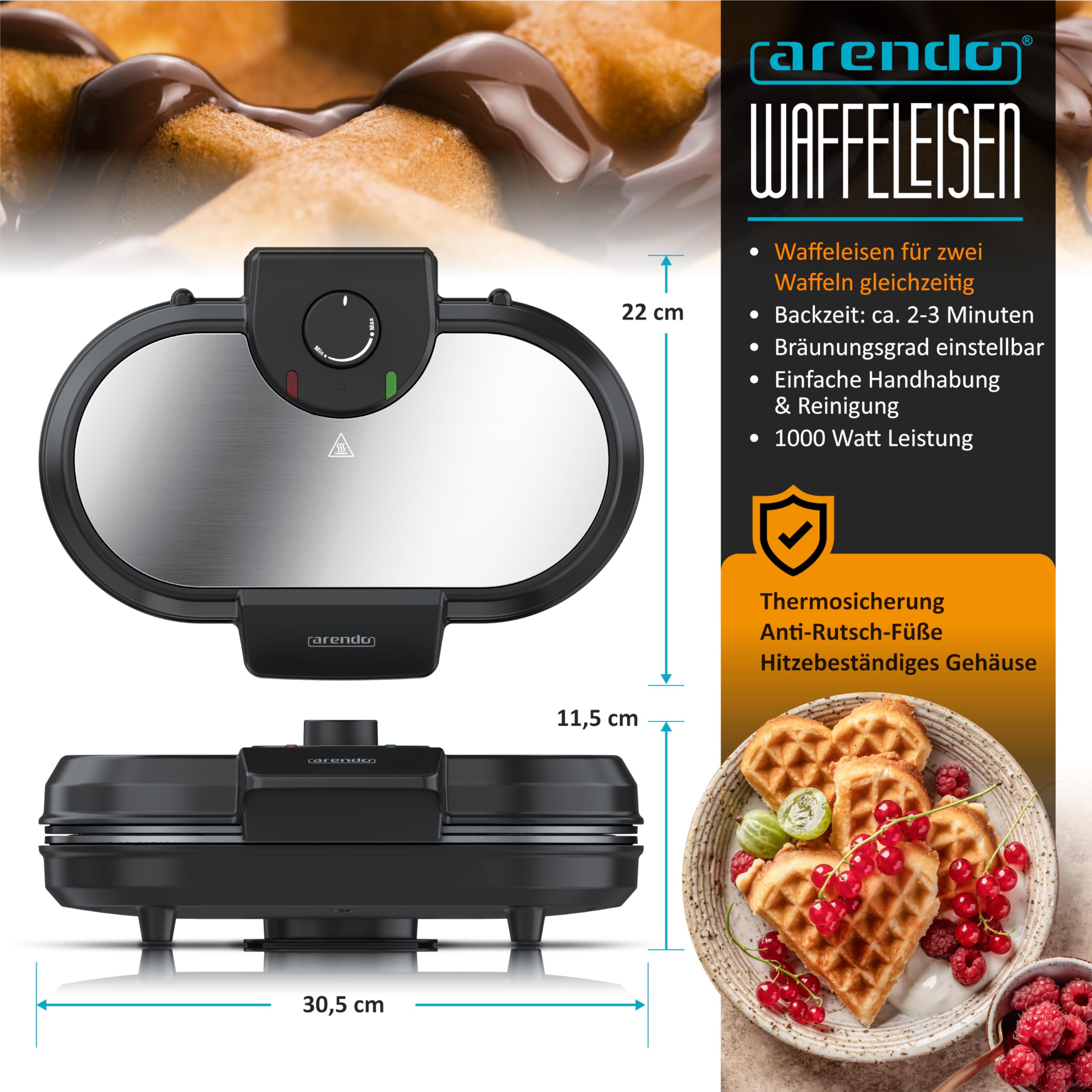 Arendo - Waffeleisen doppelt - Herzform – 1000 Watt – Waffel Maker – antihaftbeschichtet – Herzwaffeln – Temperaturregler - Waffelbackgerät