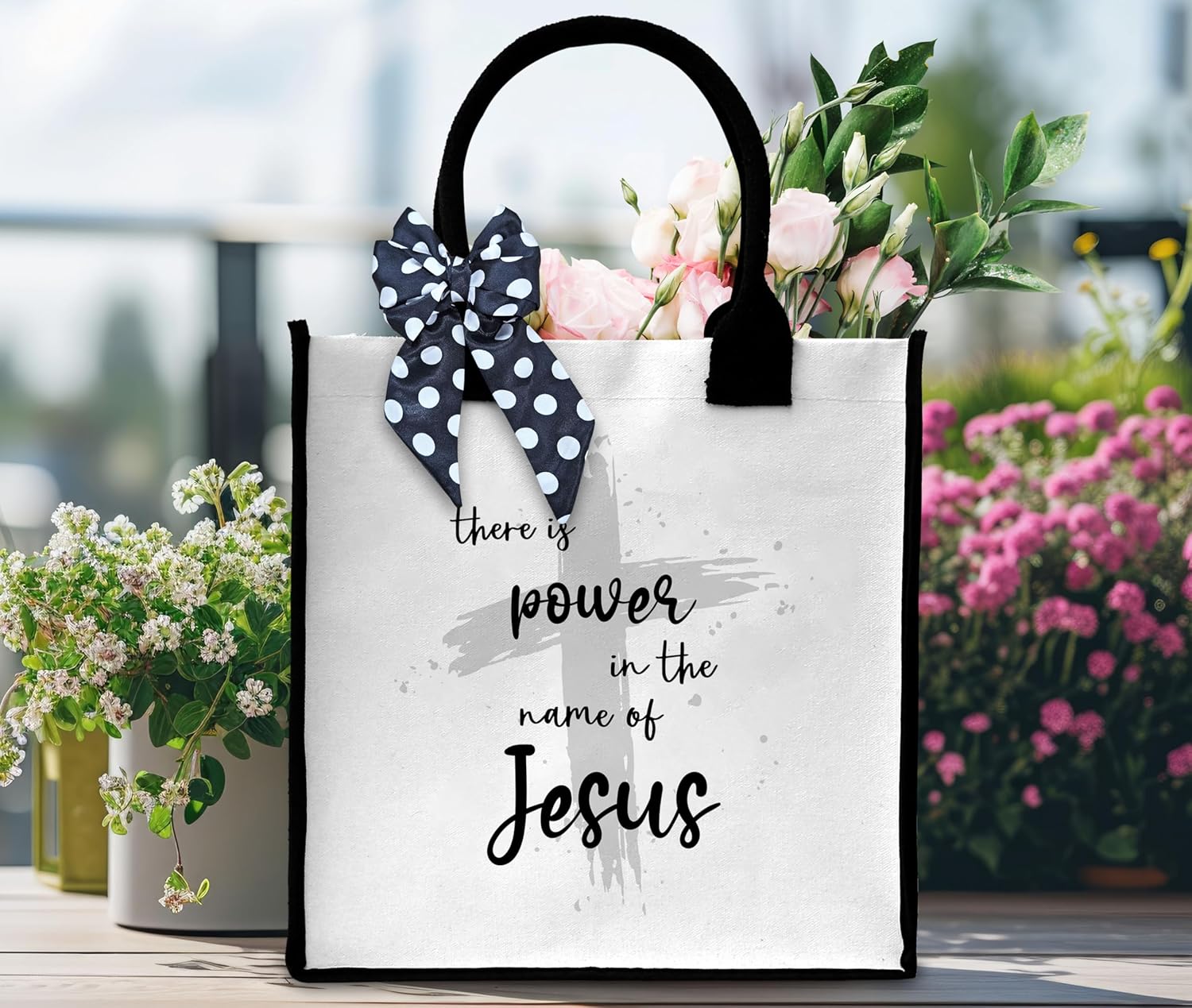 Christian Tote Bag For Women, There Is Power In The Name Of Jesus Totes, Bible Verse Canvas Tote Bag For Travel, Religious Beach Bag With Ribbon, Christian Gifts For Women Friends Coworker -21 - Image 4
