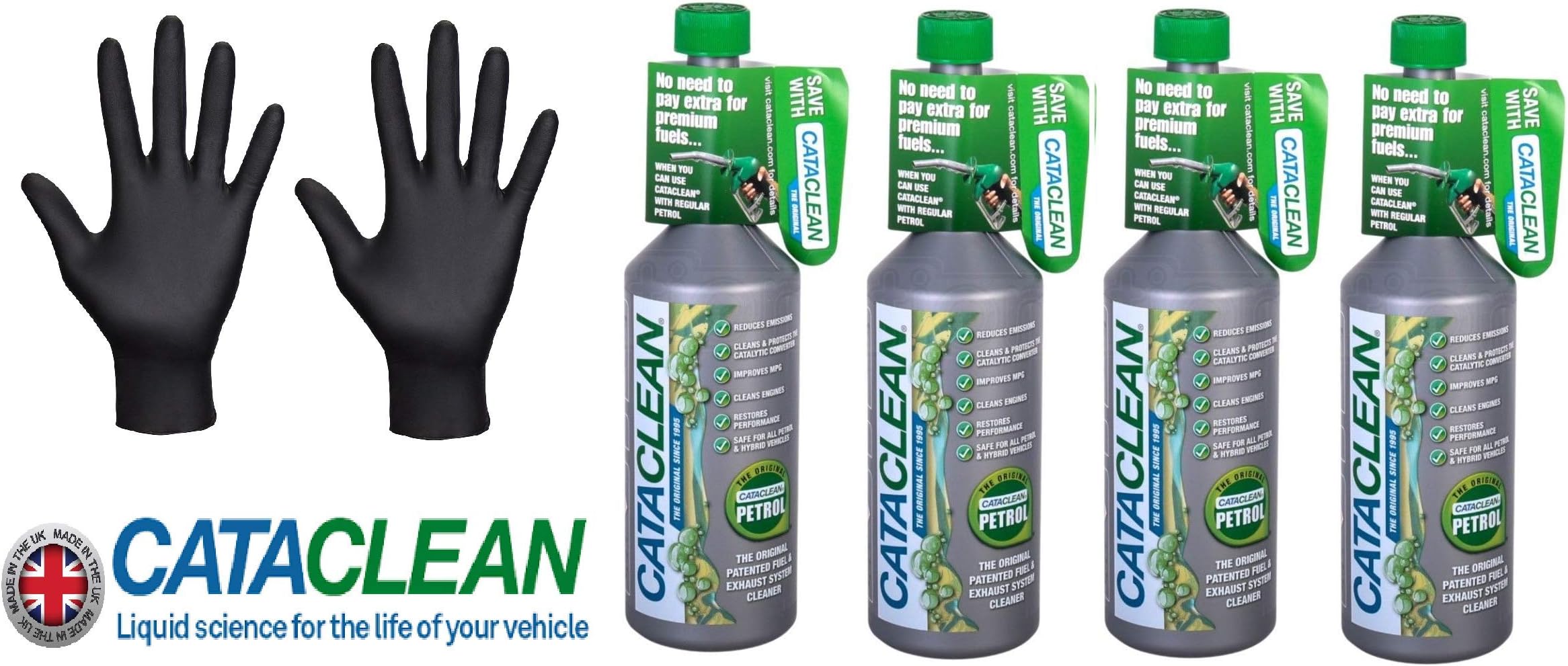 4 x Cataclean Petrol Engine and Catalytic Converter Cleaning Treatment & Pair Of Black Nitrile Gloves