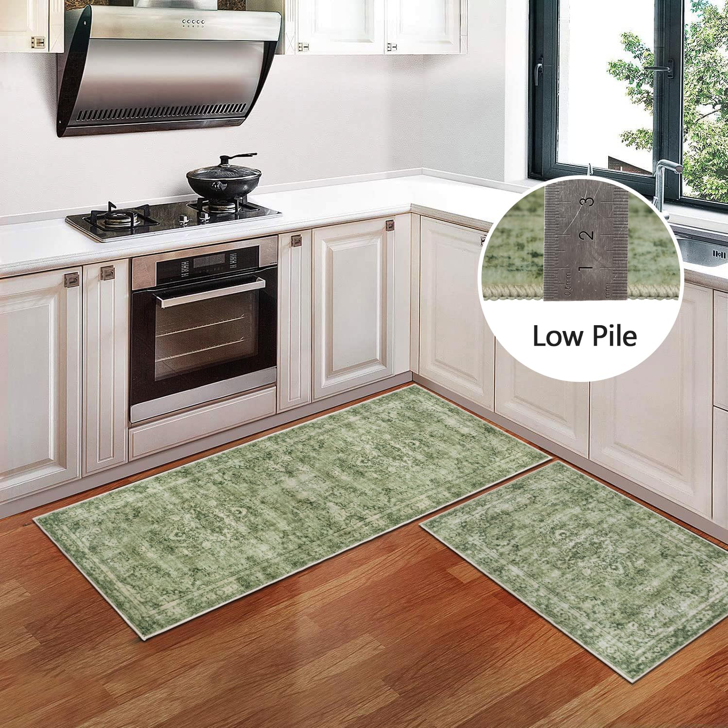 Cekene Tapis de couloir vintage antidérapant et lavable, absorbant style bohème pour cuisine, chambre à coucher, entrée, buanderie (vert, 50 x 80 cm + 50 x 120 cm)