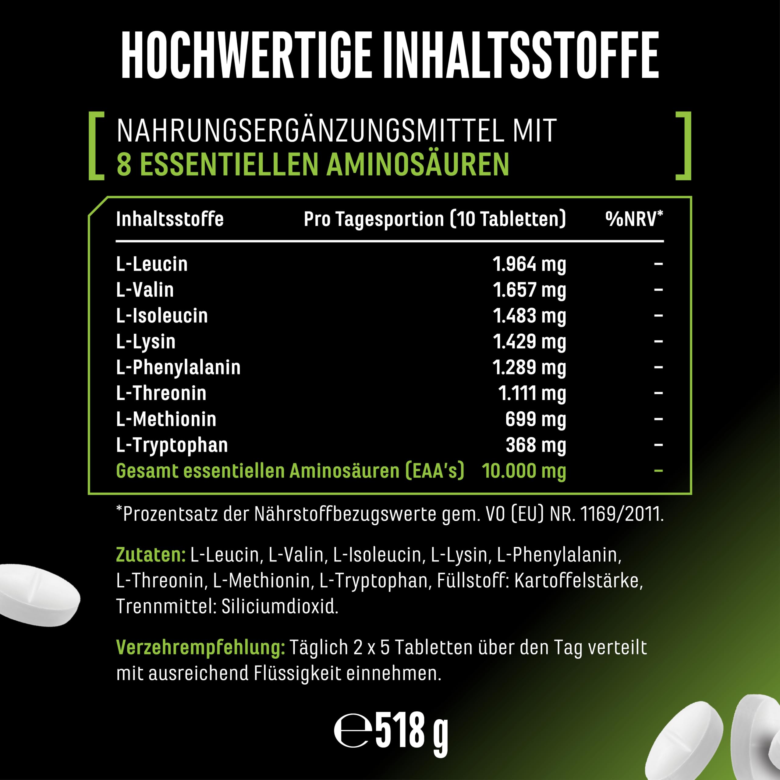GEN GERMAN ELITE NUTRITION EAA Multi Amino - 500 Tabletten - je 1000 mg | Alle 8 essentielle Aminosäuren in der Human Code Formel, pflanzliche Fermentation, Hochdosiert, vegan, laborgeprüft