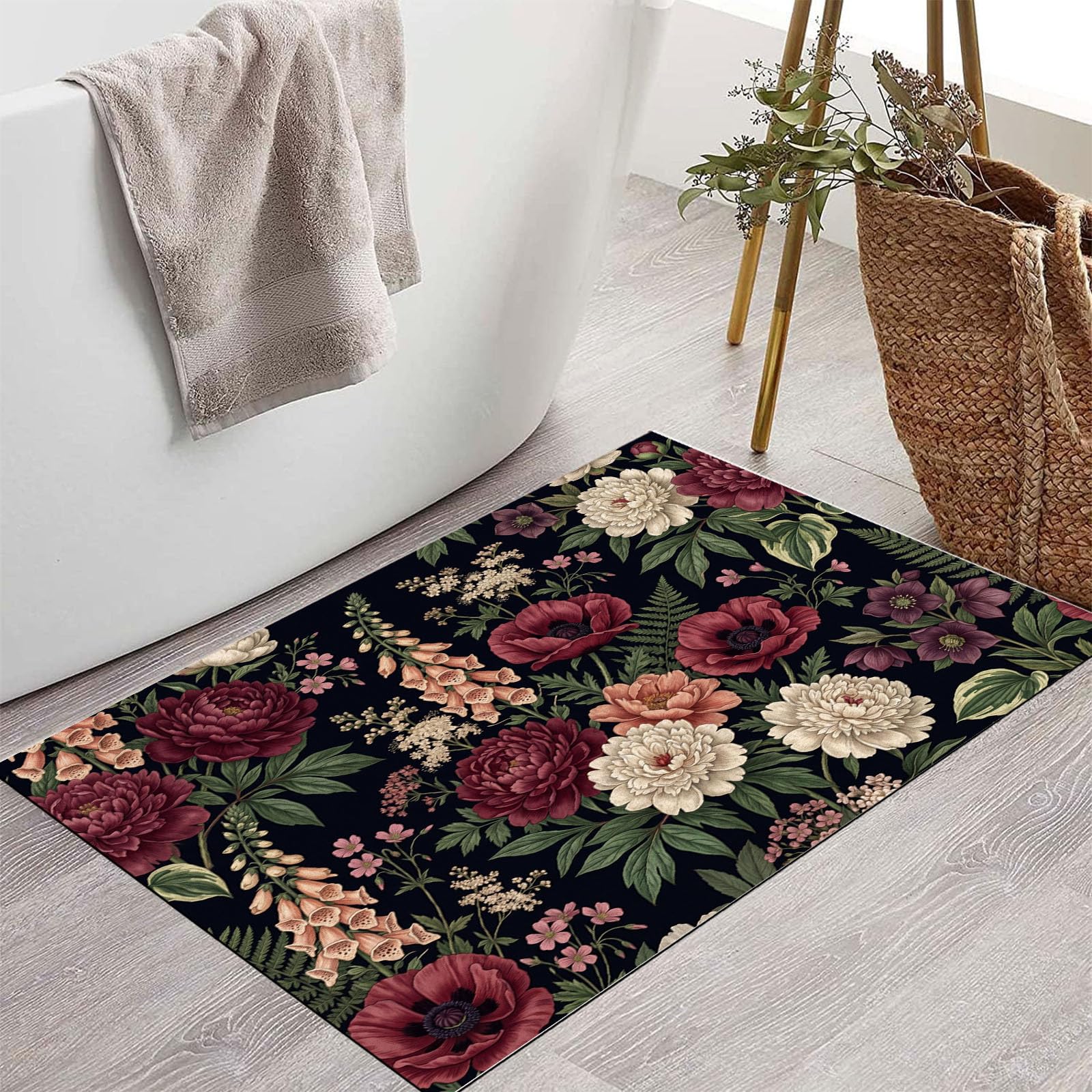 Zerbino Ingresso Interno Floreale Gotico Retrò, Zerbino Di Benvenuto Lavabile Morbida Peonia Misteriosa Papavero, Antiscivolo Tappeto Da Decorazioni Rosso Scuro Per Casa Porta, 60X90Cm