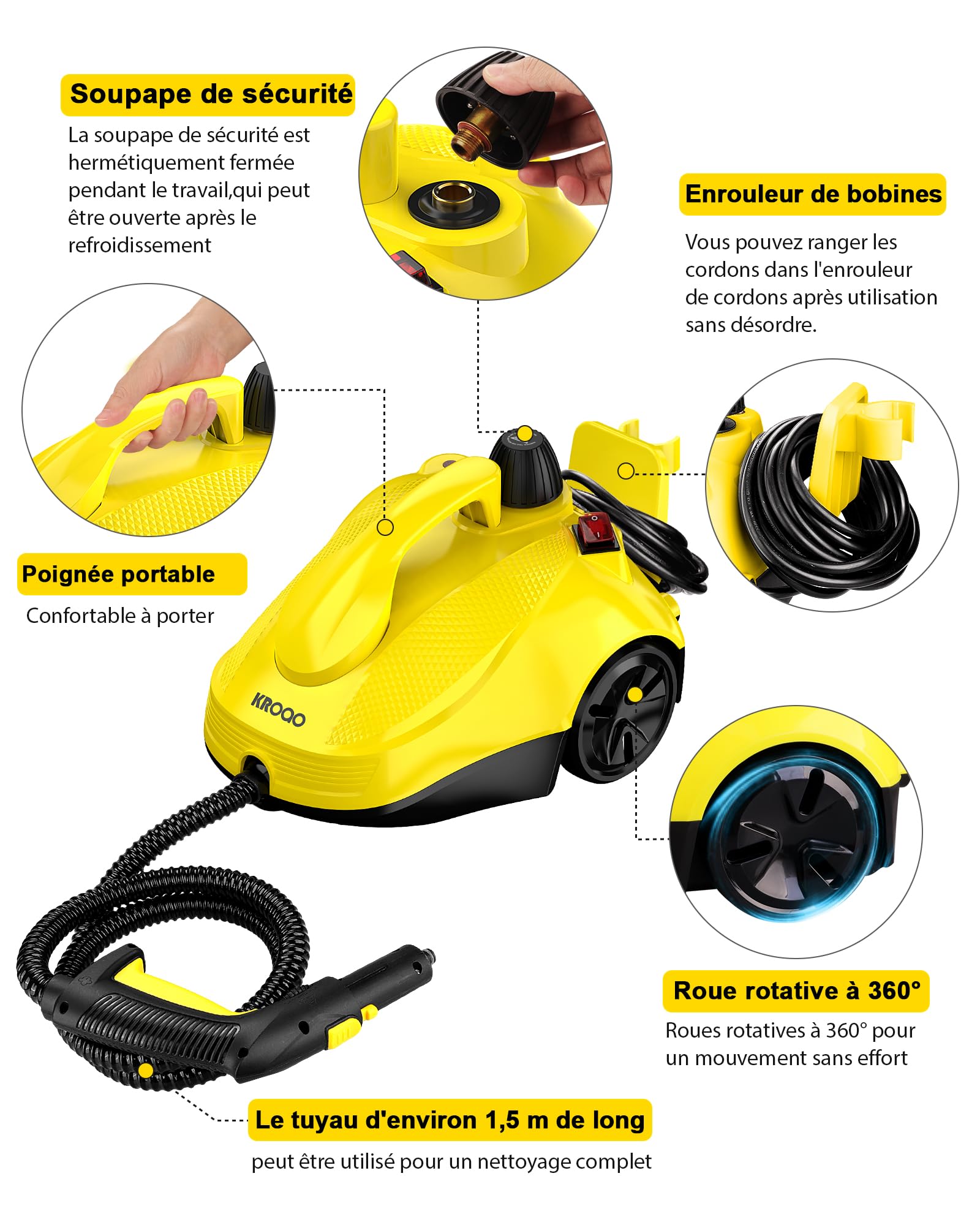 Nettoyeur vapeur KROQO avec 23 accessoires et câble d'alimentation de 5 m pour nettoyer les fours, tapis, canapés, coussins, jouets et sols lisses.