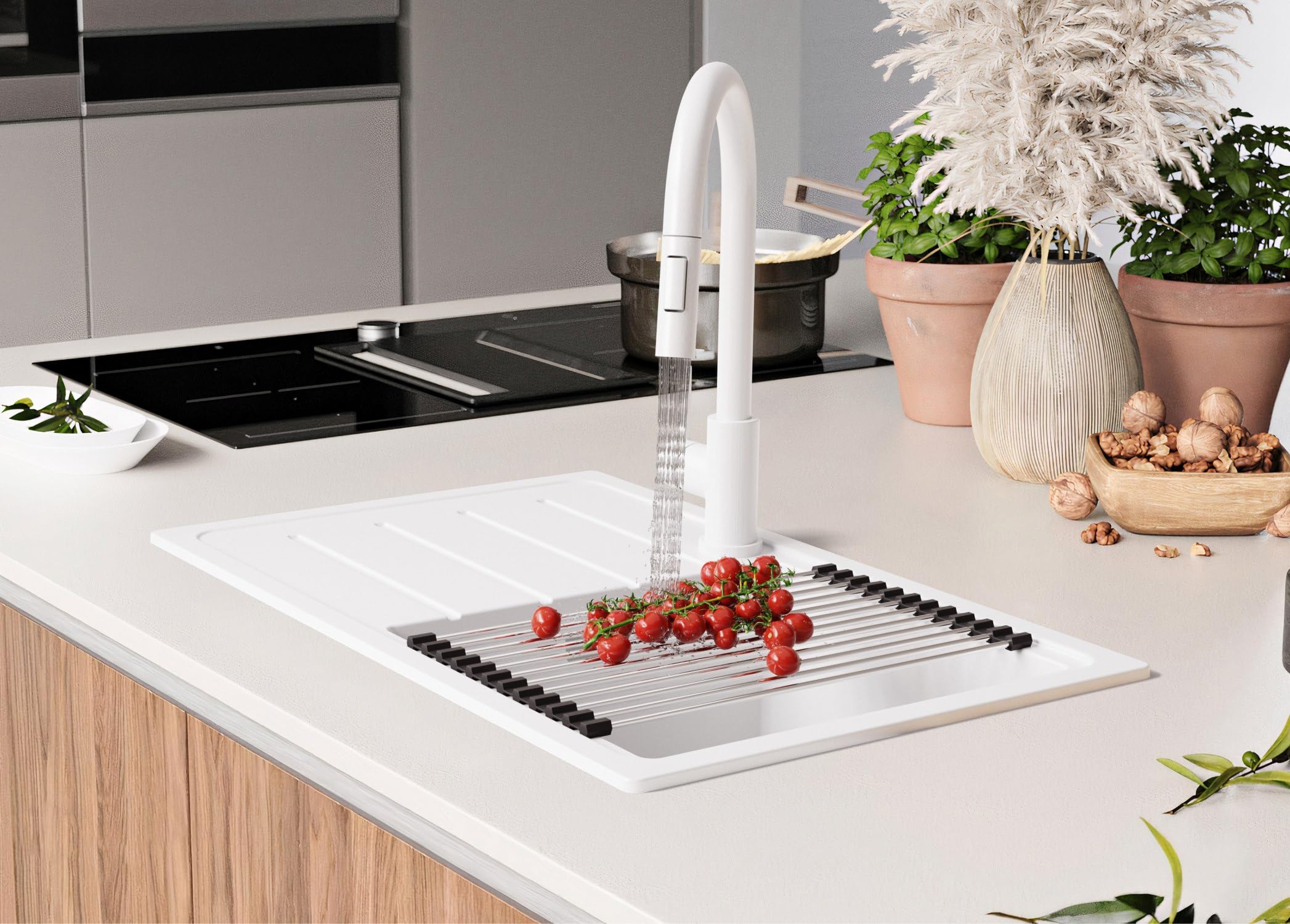 PRIMAGRAN Lavandino da Cucina Bianco 70x44cm, Lavello in Granito a 1 vasca + Rubinetto 32x20cm + Set di accessori, Lavabo da Cucina Incasso al Mobile 45cm - Copenhagen Easy S047