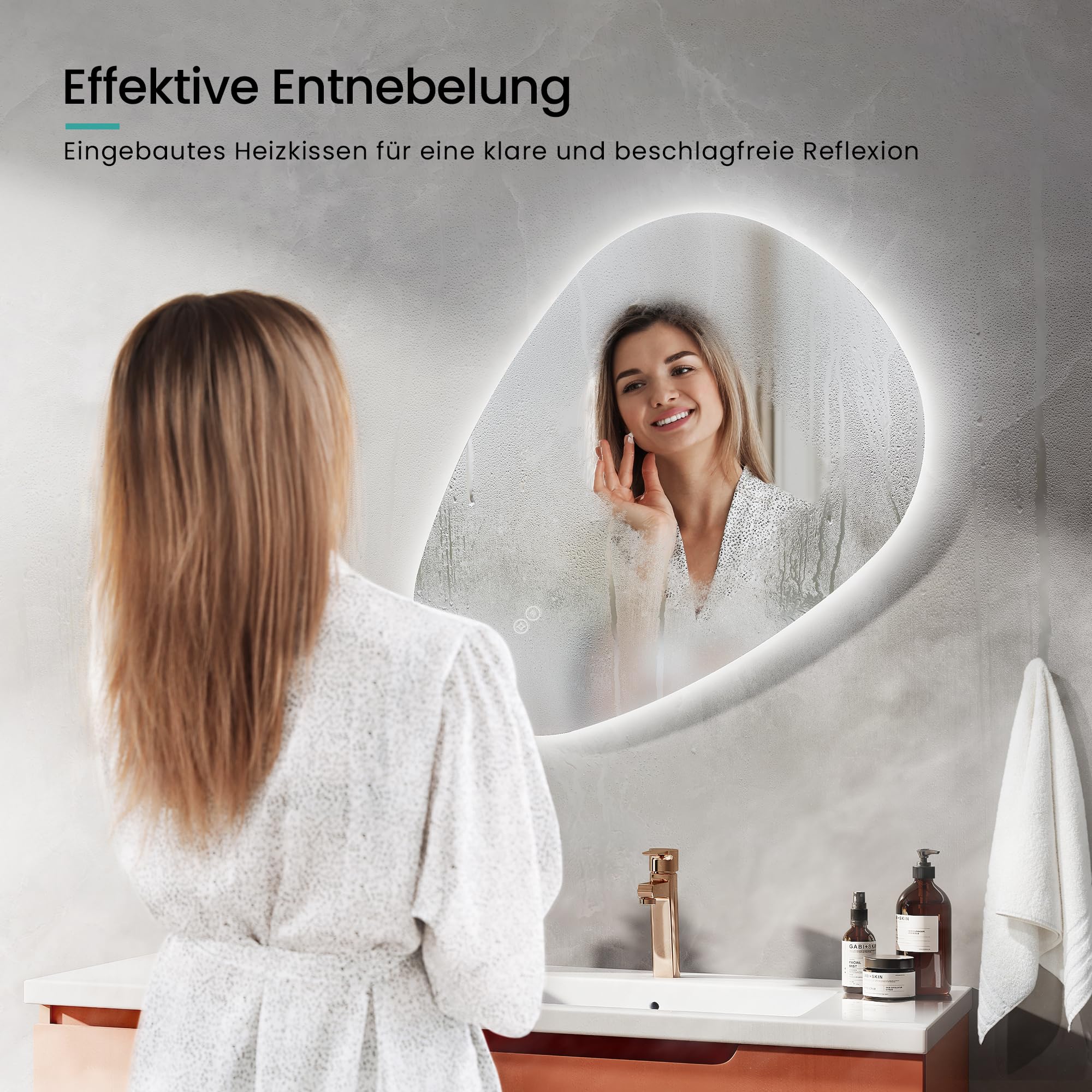 EMKE Espejo de baño con iluminación, 70 x 50 cm, Espejo asimétrico con Tacto, 3 Colores de luz Regulable, antivaho, Espejo de baño con iluminación, IP44, Ahorro de energía, Espejo de baño LED