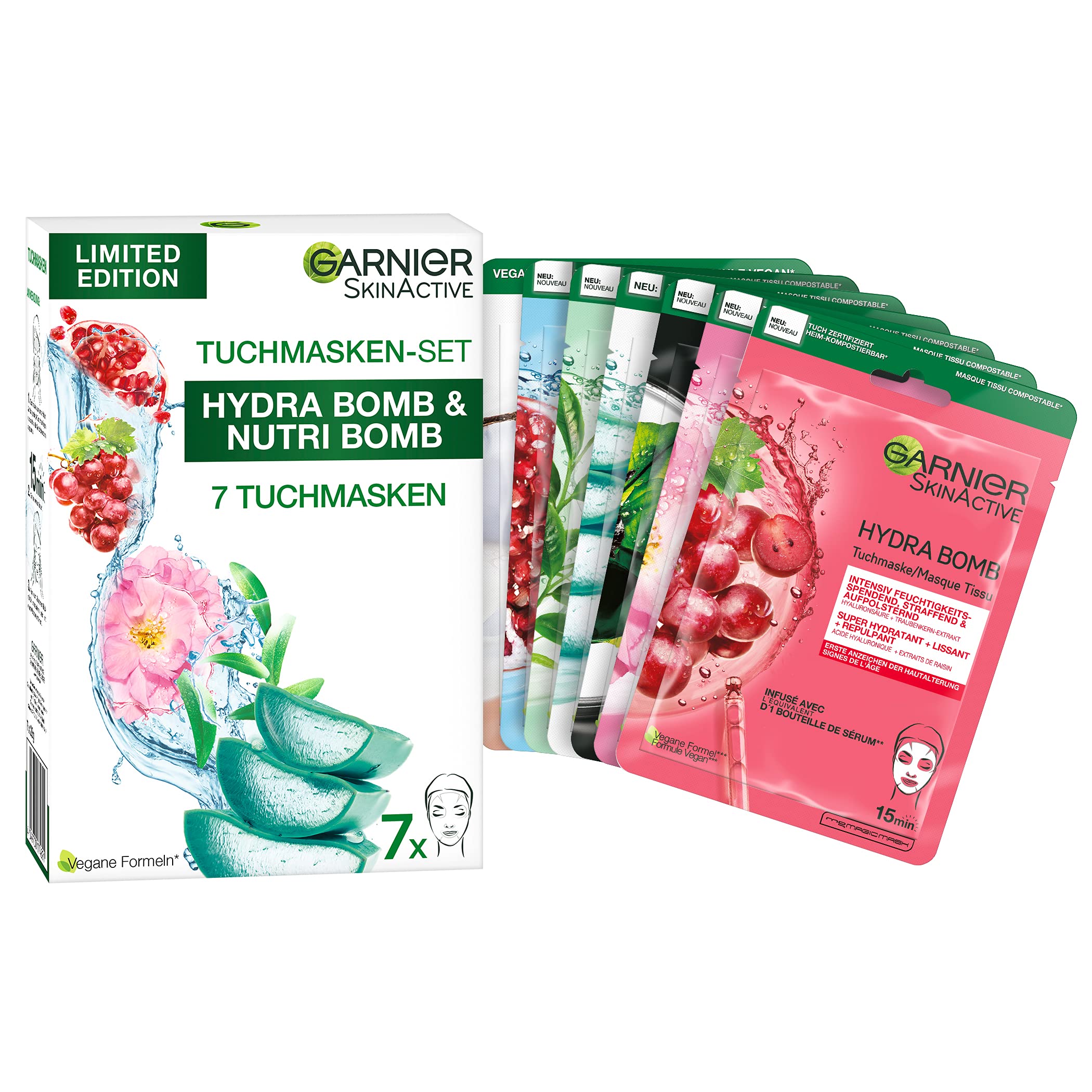Garnier tissue Mask Set for All Skin Types, 7 Face Masks for Dry to Normal Skin and Combination Skin, Vegan Formula with Hyaluronic Acid, Limited Edition, Hydra Bomb and Nutri Bomb Mask Set, 7 x 28 g