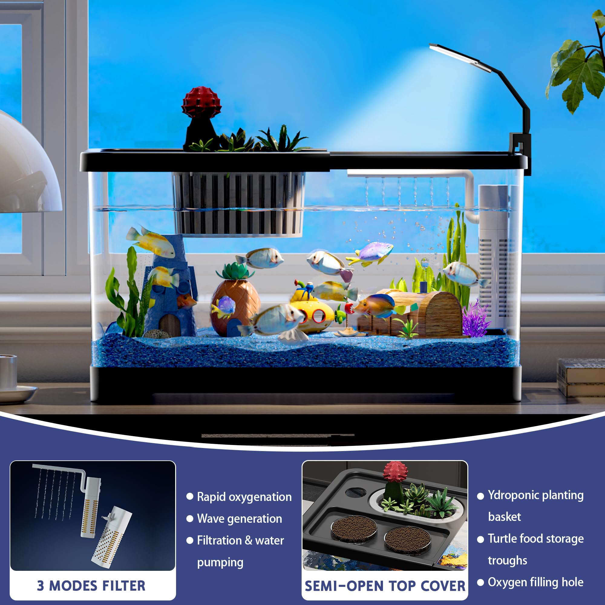 Tanque de peces de 5.3 galones, tanque de peces Betta 9 en 1, acuario con luz LED de espectro completo de 3 colores, filtro de 3 modos, cesta hidropónica, red de pesca, conchas, planta acuática