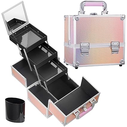 Frenessa Makeup Train Case Portable Makeup Organizer Case 3 Trays with Brush Holder, Mirror Cosmetic Storage Travel Box for Cosmetologist, Nail Tech Students, Makeup Tools Makeup Case Box Shiny Mermaid