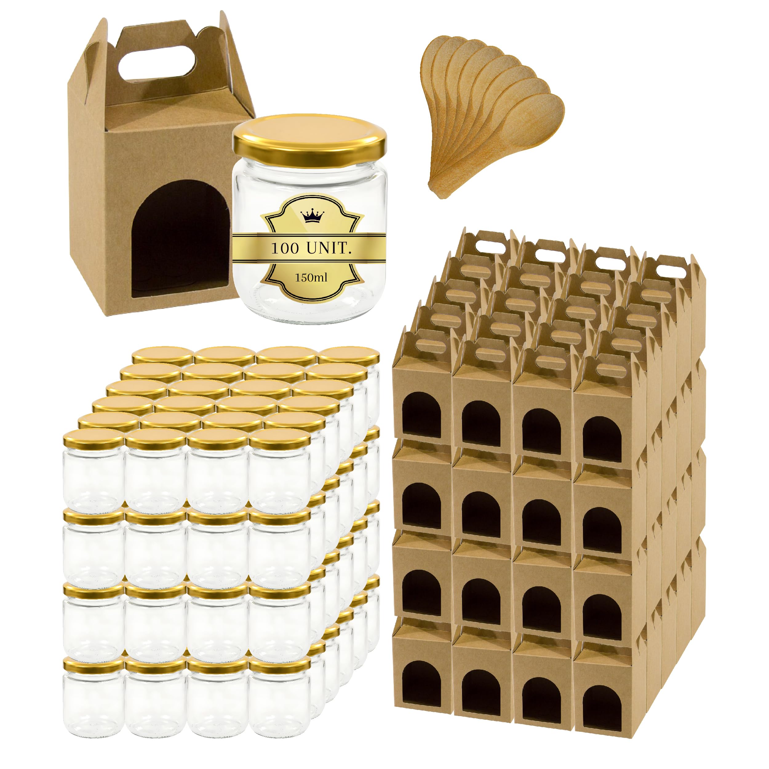 Espirito Rebelde - Tarros de cristal vacías con tapa de 150 ml con 100 hojas de cartón para 1 tarro de mermelada y cuchara para mermeladas, conservas, miel- Regalos de boda