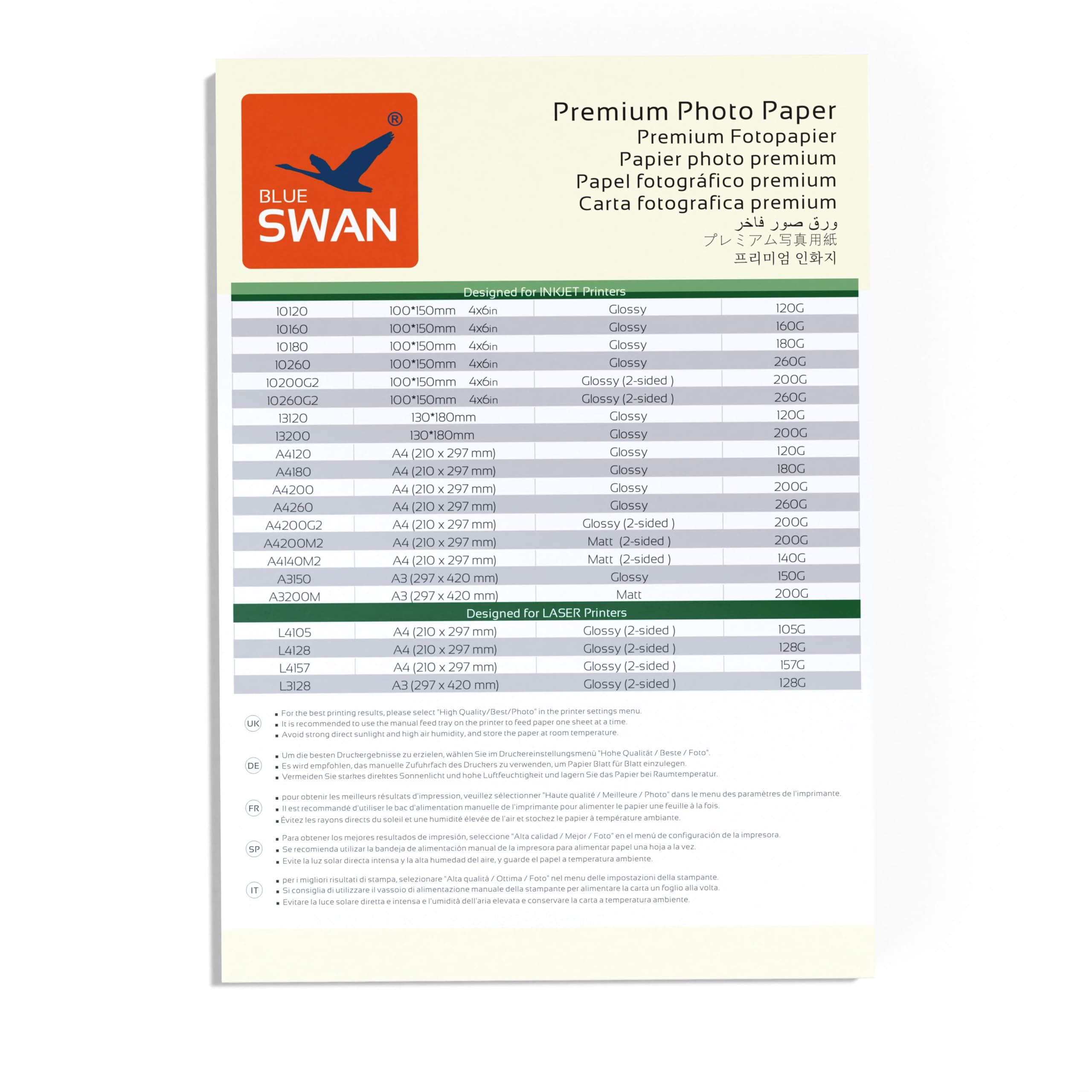 BLUE SWAN Papier Photo Brillant A3, 150 g/m², 50 Feuilles, Séchage Rapide, Résistant à l’Eau et aux Rayures, Couleurs Vives et Haute Définition, Compatible avec Imprimantes Jet d’Encre A3