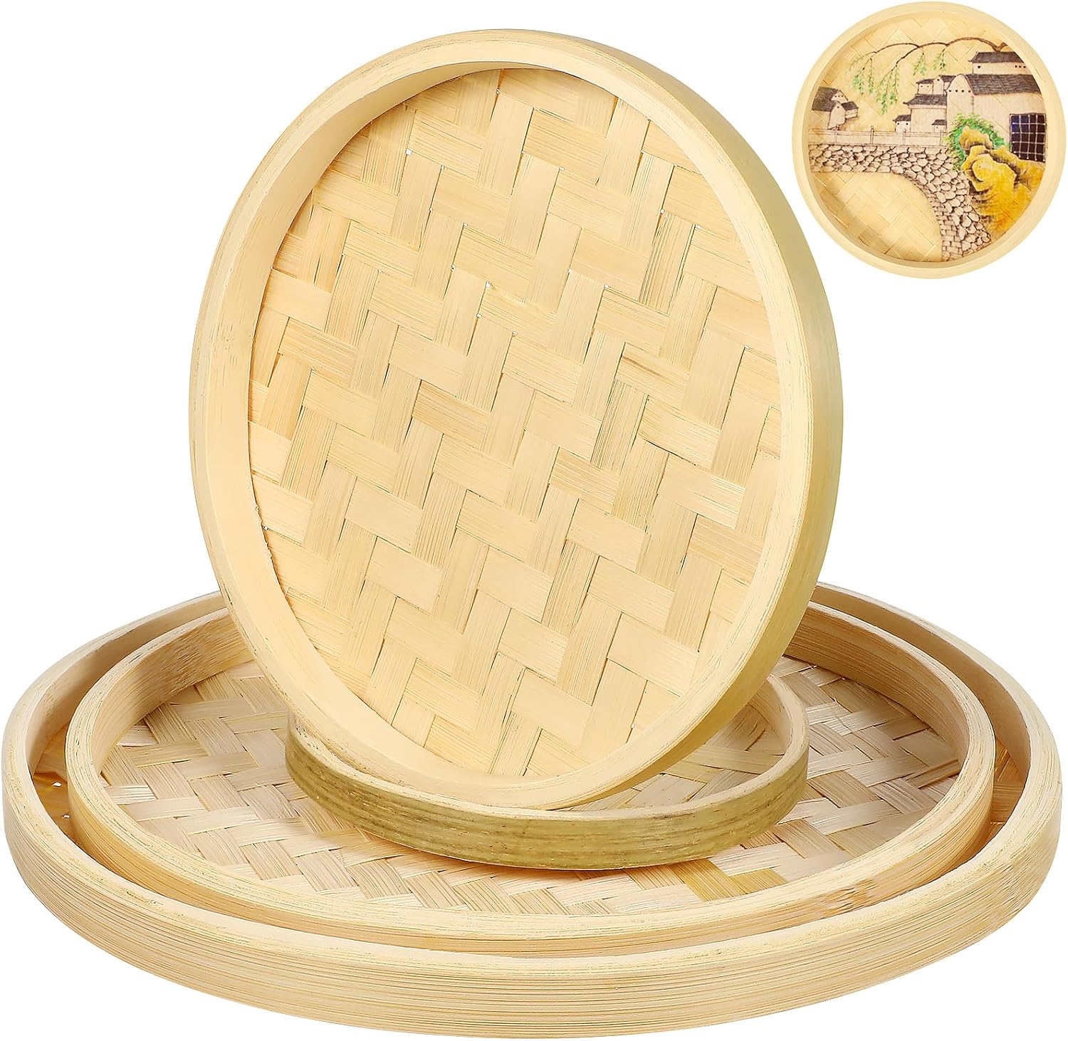 4 Pcs Bamboo Basket Tray - Bamboo Woven Tray, Basket Woven, Fruit and Vegetable Storage Flat Baskets for Wall Decor Baskets for Food