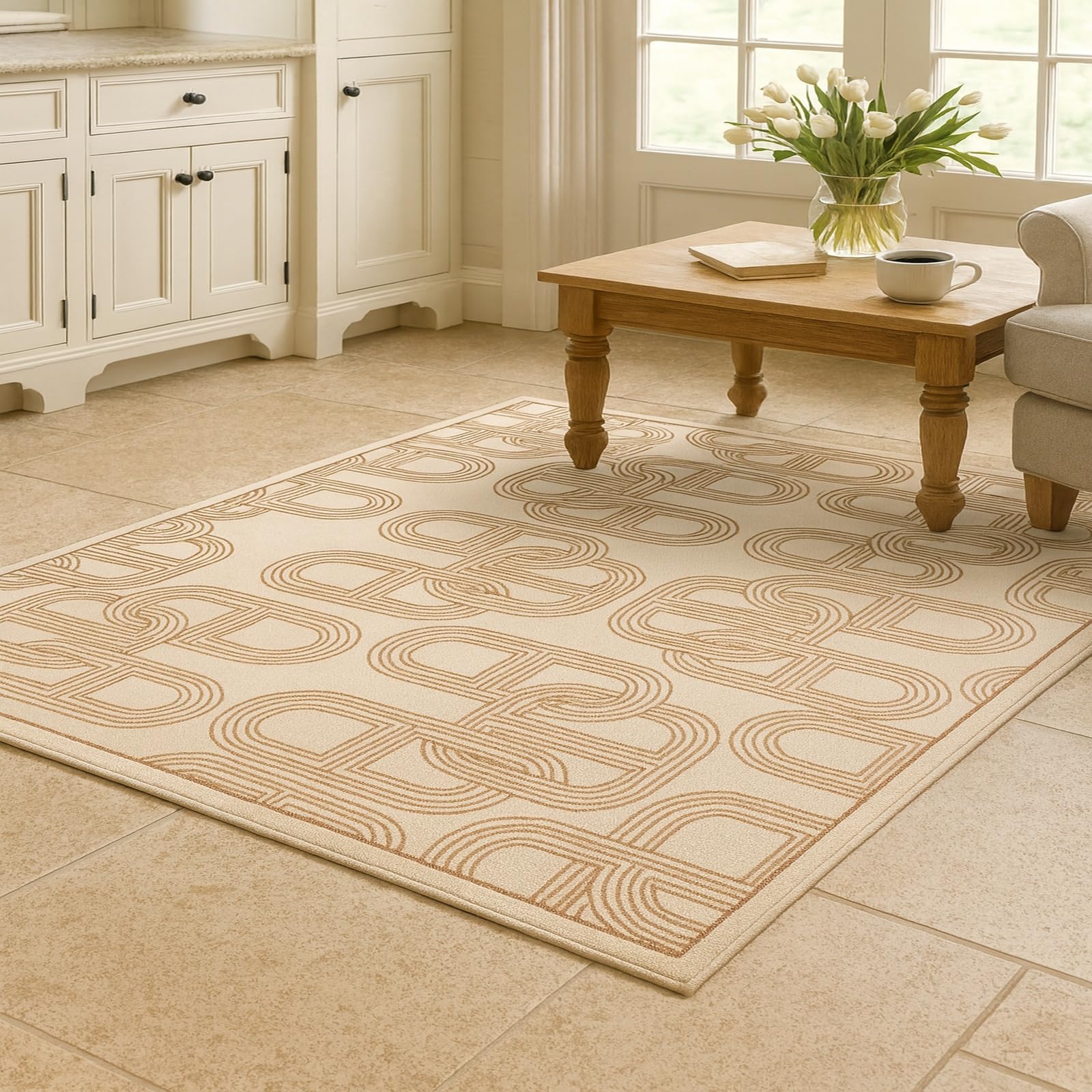 Tapis de chambre geometric beige pour salon et salle à manger
