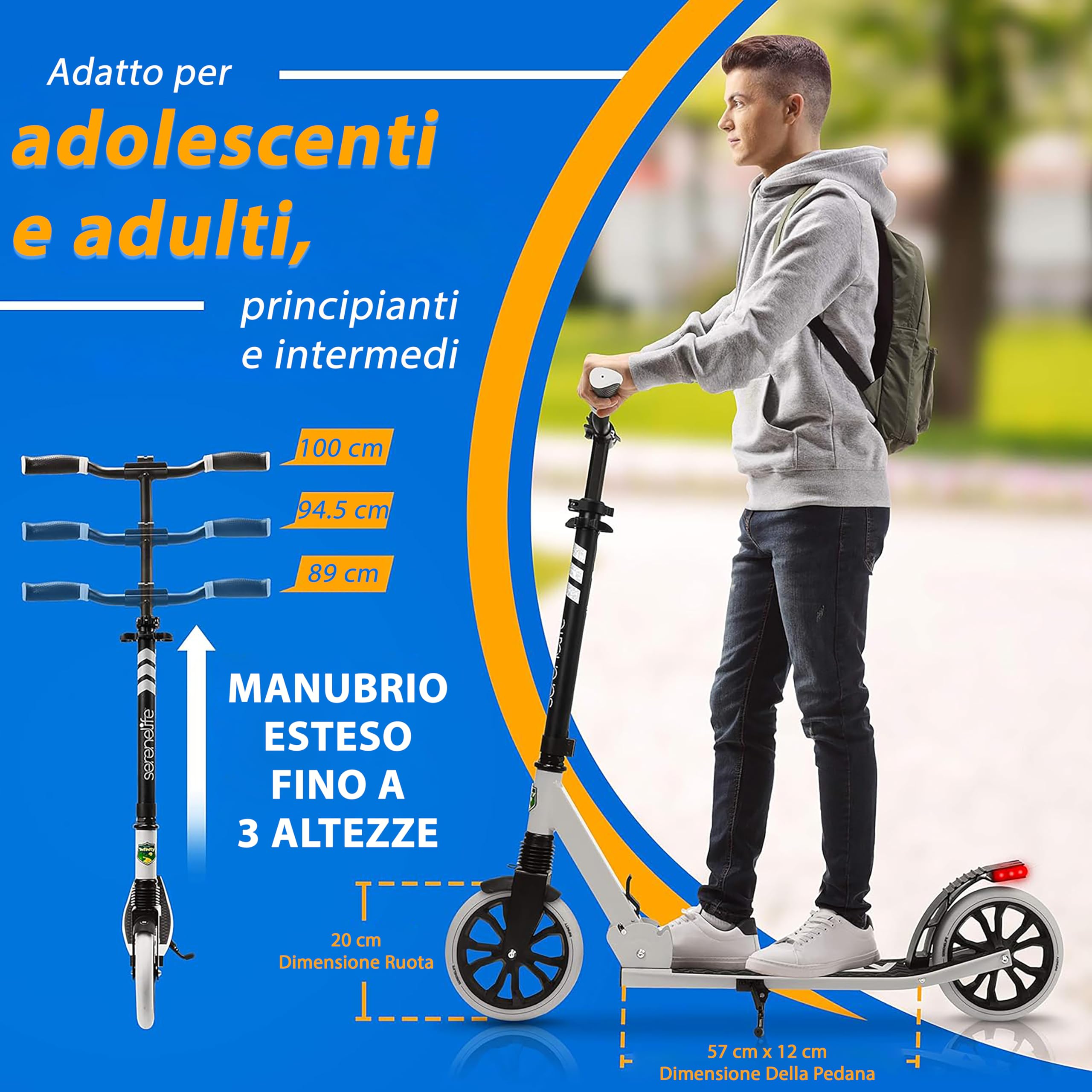 SereneLife Monopattino, Monopattino Bambini da 8 Anni, 2 Ruote con Manubrio Regolabile, Adulti e Adolescenti, Antiscivolo, Monopattino Pieghevole, Monopattino a Spinta e Portatile con Tracolla