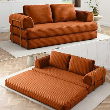 Convertible Folding Sofa Bed, Modern Futon Sleeper Sofa Fold Out Couch Bed with Gold Fixed Frame, Modular Floor Sofas Comfy Corduroy Boneless Couches for Living Room 80" Orange
