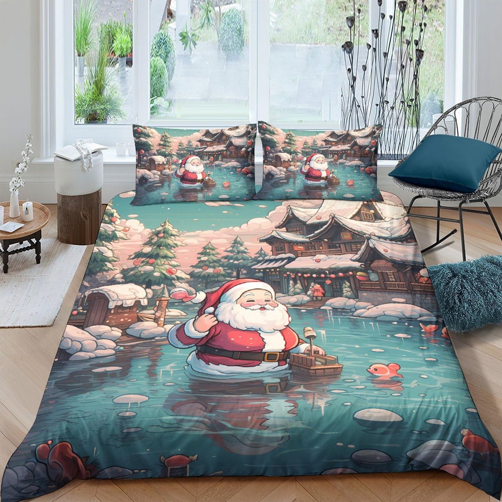 Ctjqhvkz Style-6 3D Printed Christmas Snow Village Fitted Sheet Microfiber Anti-Slip Santa Claus Bed Cover For Bedroom Dorm Home Decor Single（135X200cm）