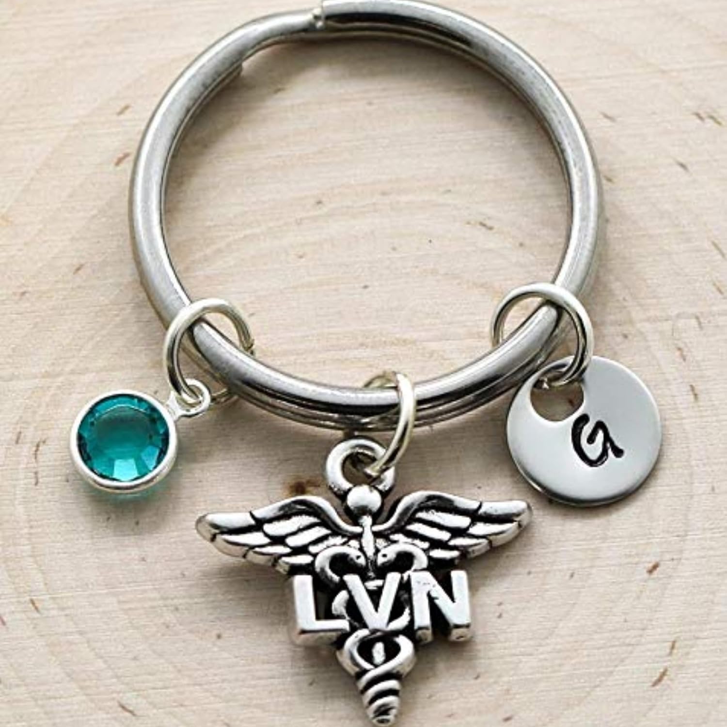 LVN Keychain - Personalized Initial & Birthstone - Licensed Vocational Nurse Keyring - Caduceus Charm Jewelry - Nurse Gifts : Handmade Products