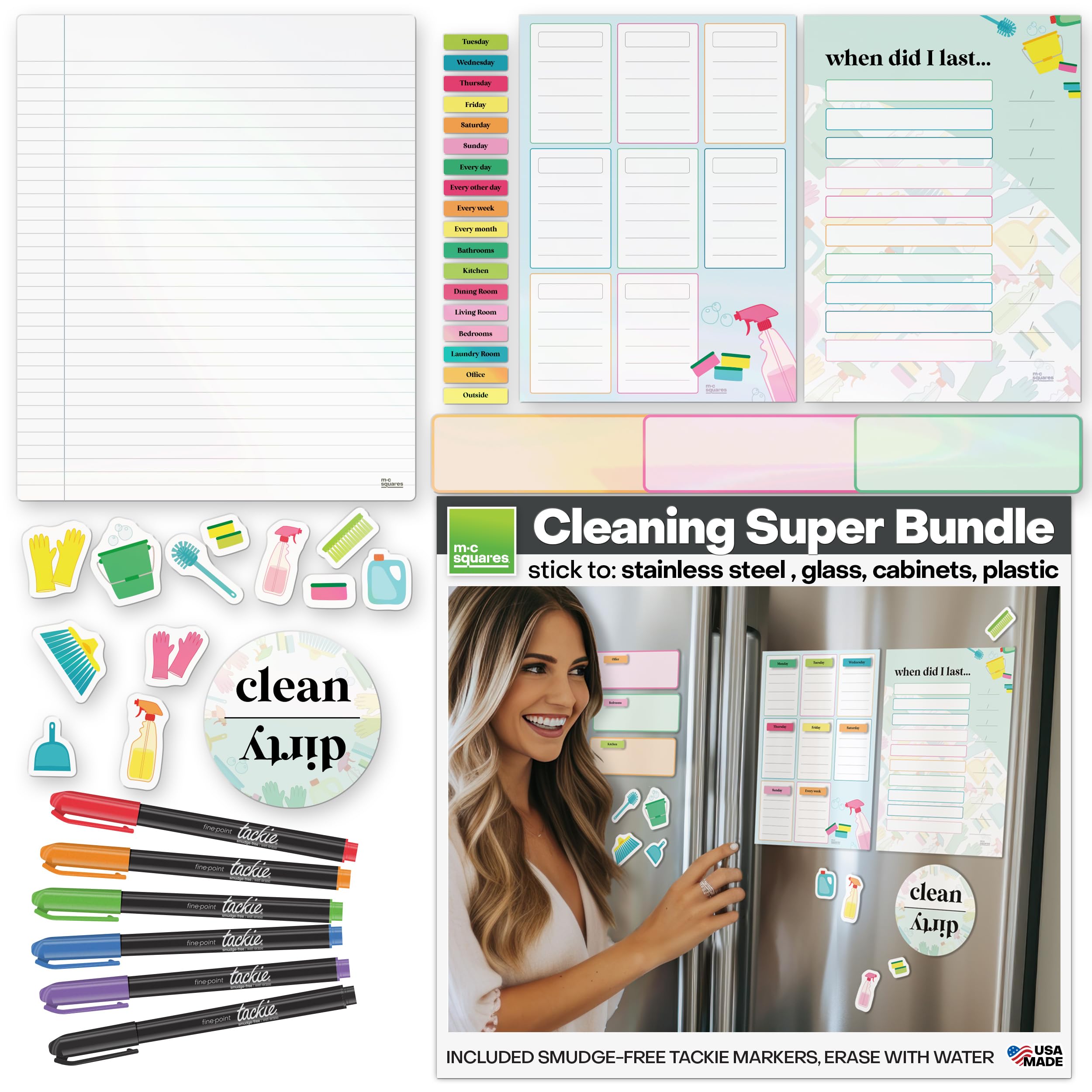 M.C. Squares Reusable, Erasable Cleaning Organizer Super Bundle | 36 Count with Checklist, Labels, Reminders, Jotter, and 6 Smudge-Free Tackie Markers | Cling to Stainless Steel & Glass | USA Made