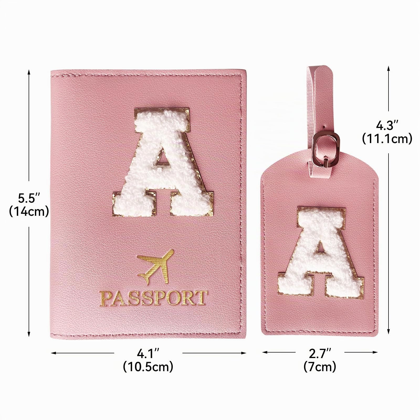 Porta Passaporto Rosa ed Etichette per Valigie Cover Passaporto con Lettere, Pelle PU,Porta Passaporto da Viaggio Donne, Regalo Donna, Adolescenti, Ragazze (Passaporto con lettere-A)