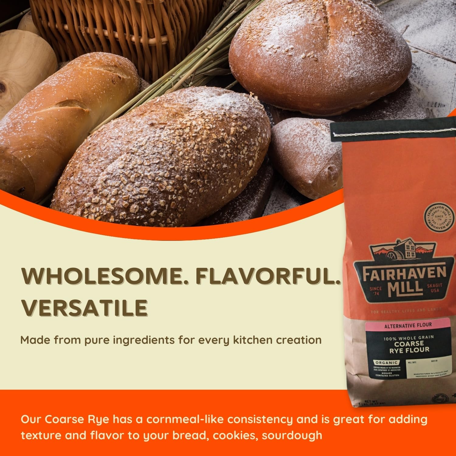 Fairhaven Mill Coarse Ground Whole Grain Rye Flour - USDA Organic Certified and Non-GMO - Ideal for Pumpernickel, Artisan Breads & Sourdough - USA Grown and Milled - 5 lbs Bag