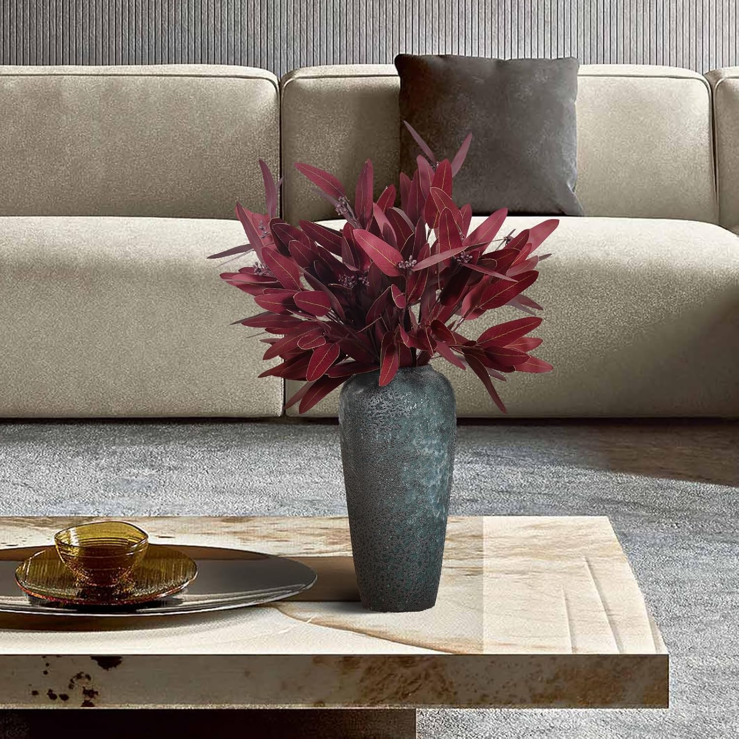 Ziwon Artificial Eucalyptus Stems Fall Decorations, Burgundy Faux Greenery for Vase Decor, Red Fake Eucalyptus Branches，32 inches, 4 Packs