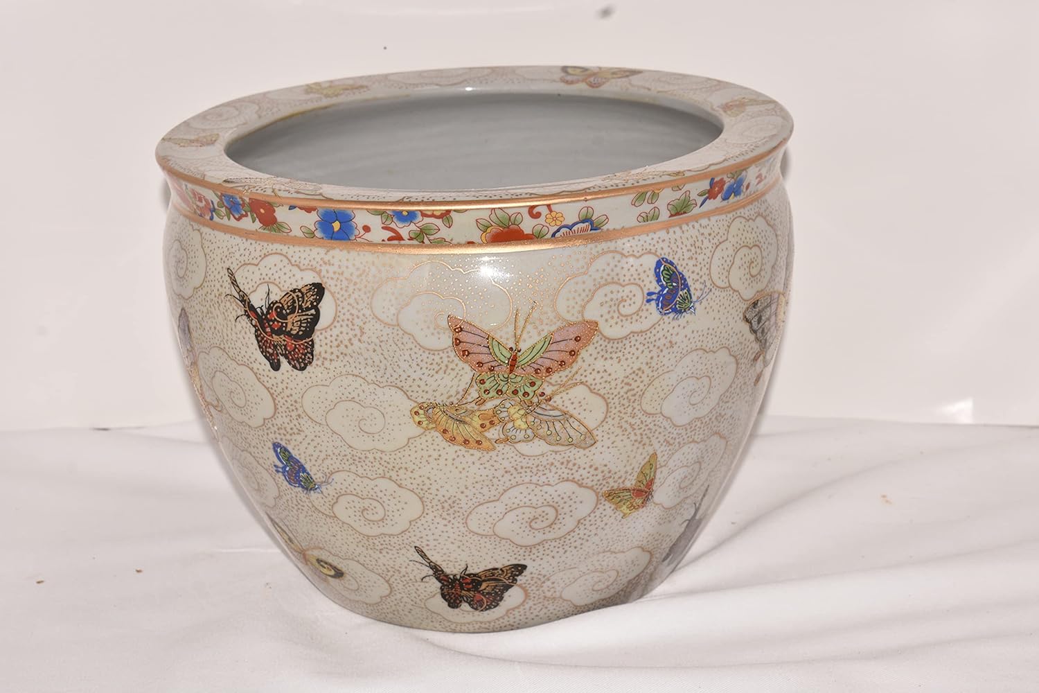16" Oriental Colorful Butterflies Butterfly Fish Bowl Jardiniere Planter Plant Pot Satsuma Style