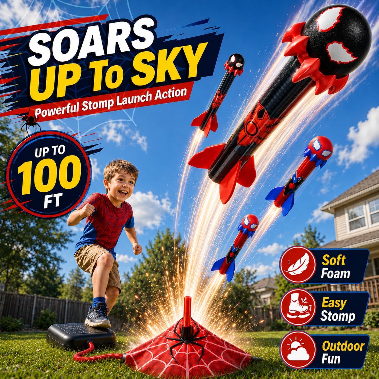 Spider Toys Rocket Launcher for Kids, 4 Spider Foam Rockets & Web Launcher, Adjustable Outdoor Air Rocket Toys, Up to 100 FT, Backyard Birthday Gifts Kids Toys for 3 4 5 6 7 8 Years Old Boys Girls