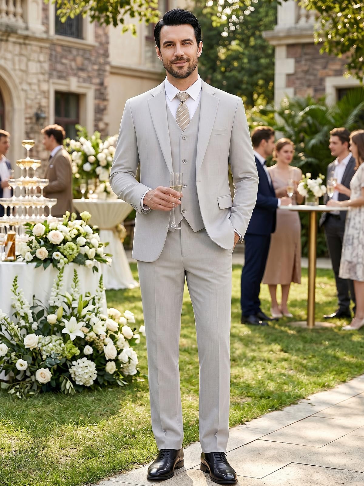 Traje Hombre 3 Piezas Slim Fit Un Botón Traje Ajustado Elegante Chaqueta Chaleco Pantalón para Negocios y Bodas