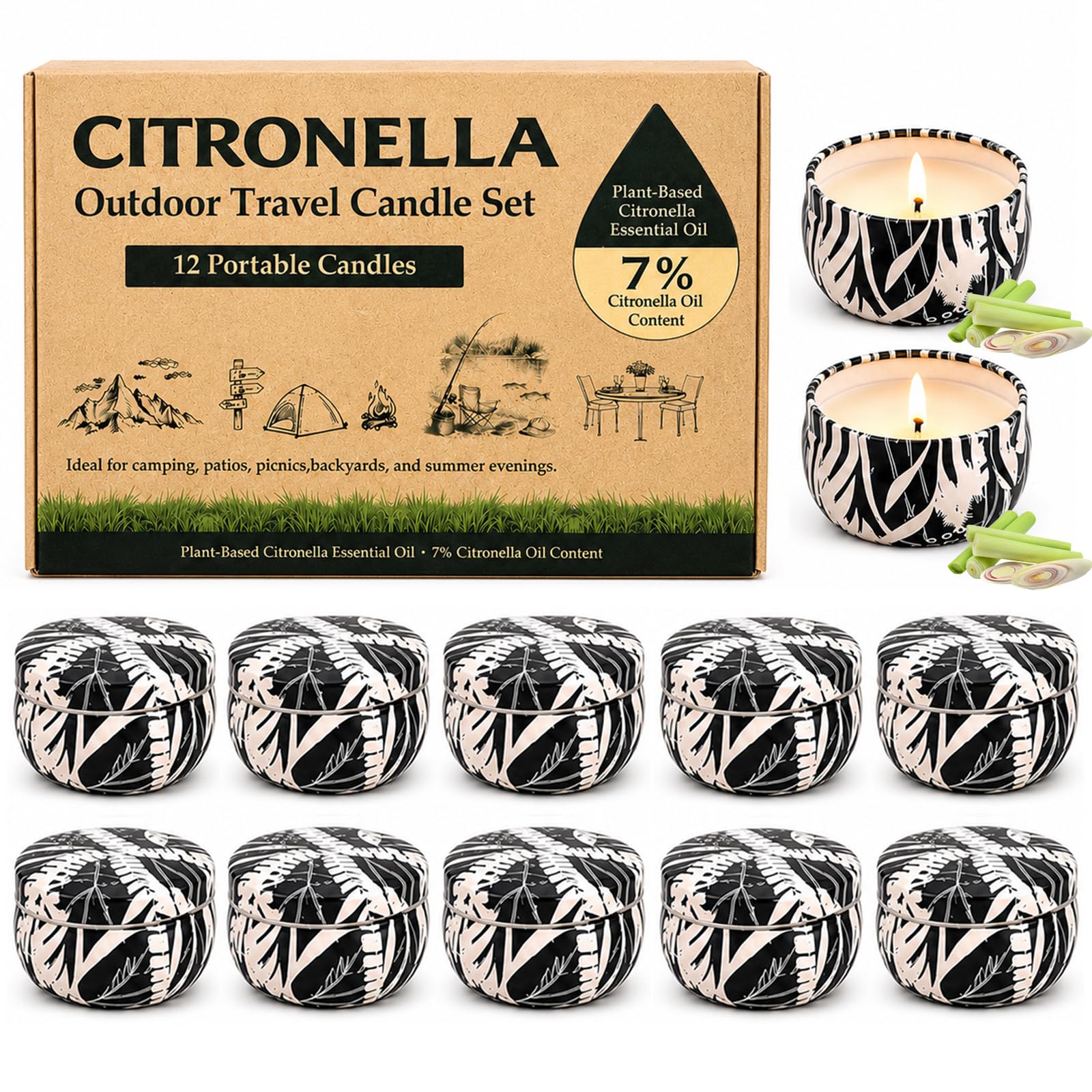 Confezione da 12 candele alla citronella per esterni, candele profumate in cera di soia naturale, 300 ore, di lunga durata, per cortile, giardino, patio e campeggio