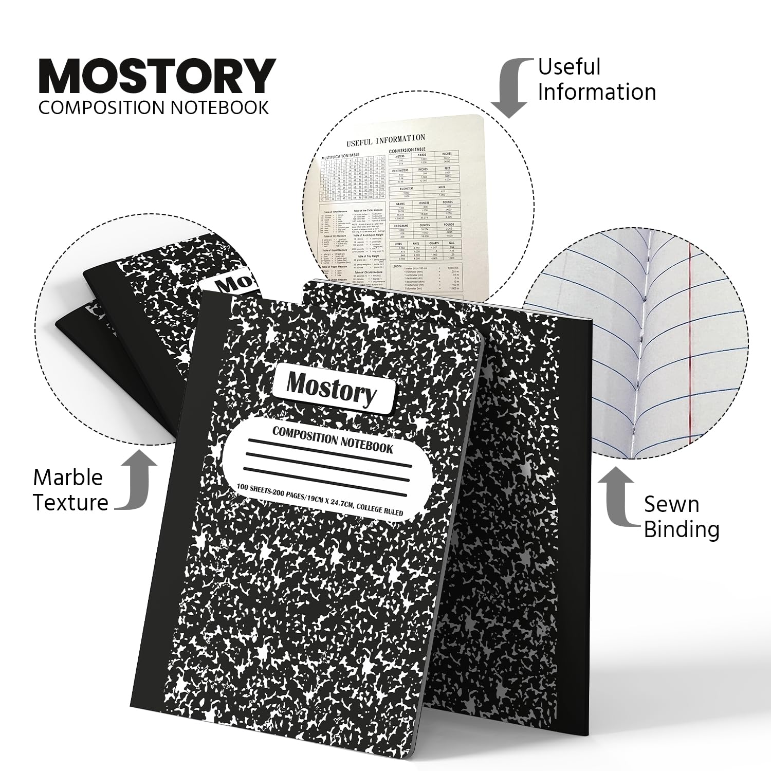 MOSTORY Quaderno per composizione scolastica, 200 pagine (100 fogli), dimensioni 19,1 x 24,8 cm, materiale scolastico, ufficio, blocchi per scuola, quaderni per la scuola, quaderni con carta a righe