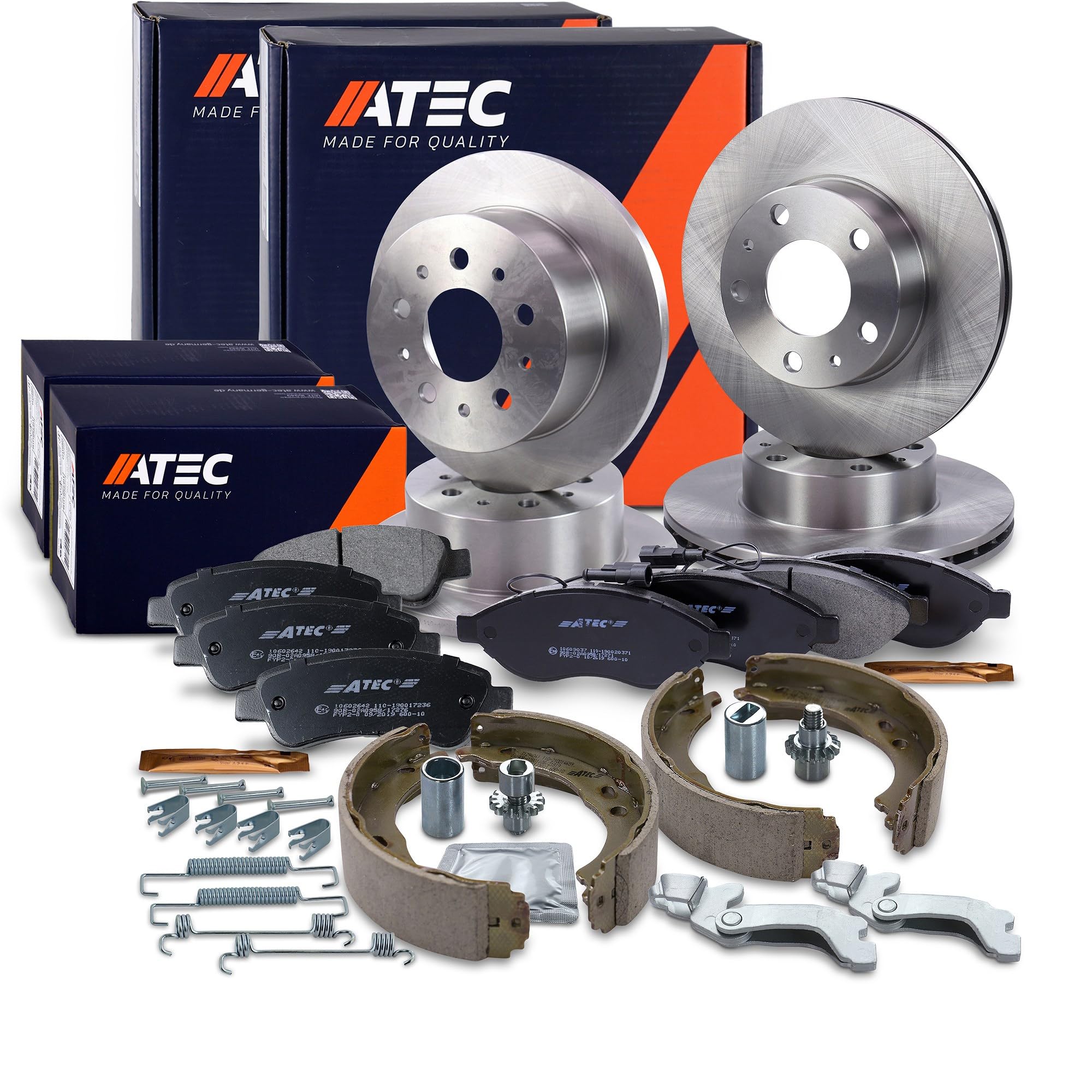 ATEC Germany Set di freni con dischi anteriori Ø 280 mm ventilati + posteriori Ø 280 mm pieni + pastiglie freno + ganasce freno Compatibile con CITROËN JUMPER, FIAT DUCATO, PEUGEOT BOXER