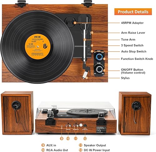 Miniatura 4 de Tocadiscos de vinilo con altavoces externos, tocadiscos estéreo vintage de 3 velocidades para discos de vinilo, entrada Bluetooth, parada automática