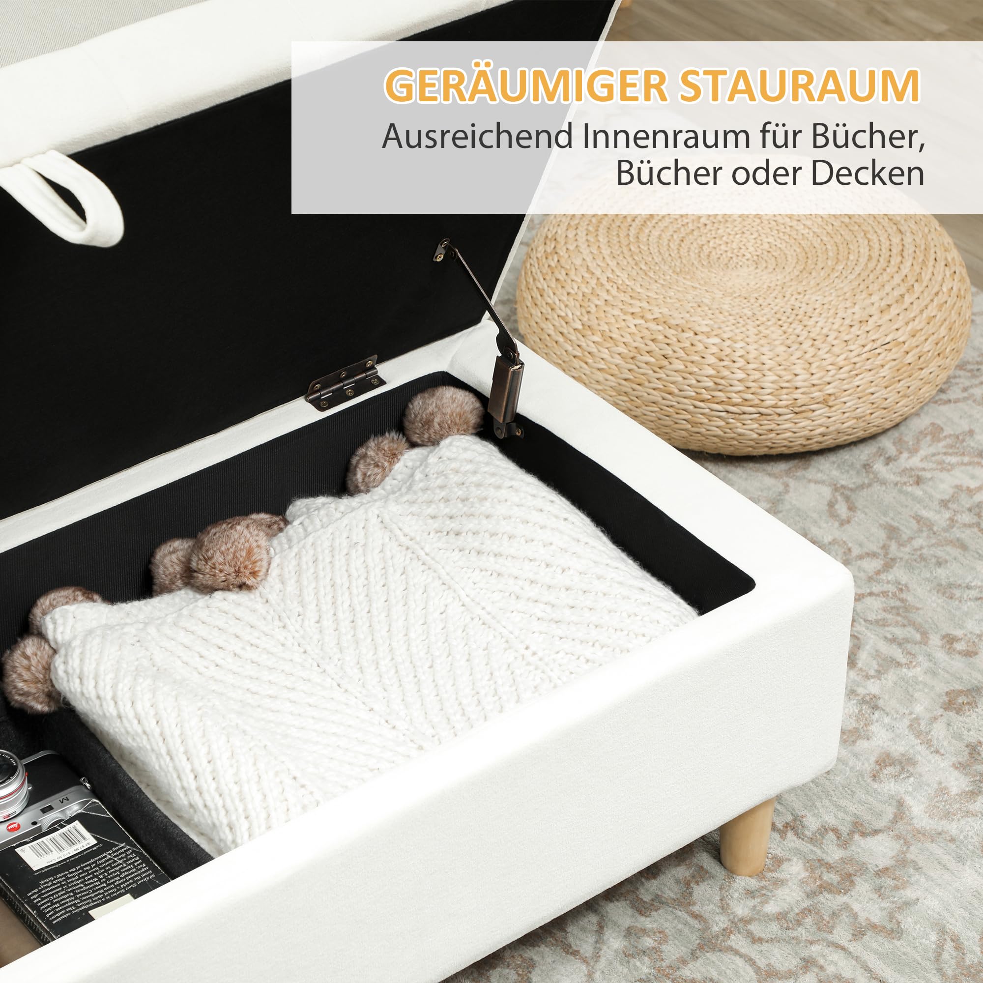 HOMCOM Sitzbank mit Stauraum mit Samt-Optik 115 x 50 x 43 cm Cremeweiß | Sitztruhe, Bettbank mit Holzbeine, Polsterbank, für Wohnzimmer, Schlafzimmer, Flur