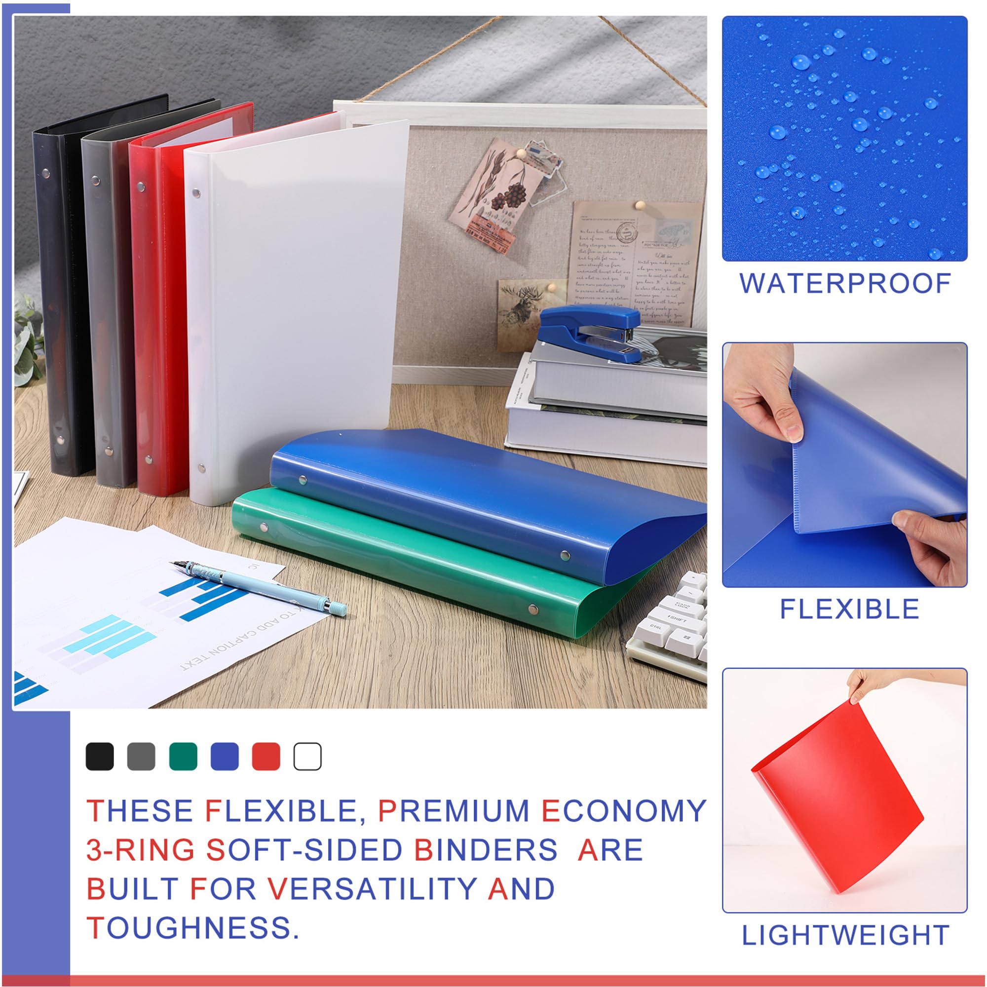 Fulmoon Lot de 6 classeurs à 3 anneaux en plastique avec poche pour bureau, école, réunion, maison (uni, 2,5 cm)