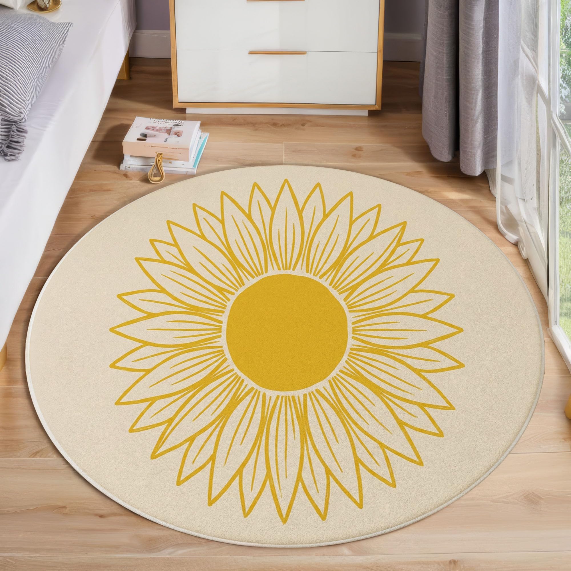 Tapis Rond 160 Cm Tournesol Aux Lignes Simples Salon Chambre | Moquette Lavable Doux, Tapis Adulte Plantes De Bohême Descente De Lit Antidérapant Decoration, Beige