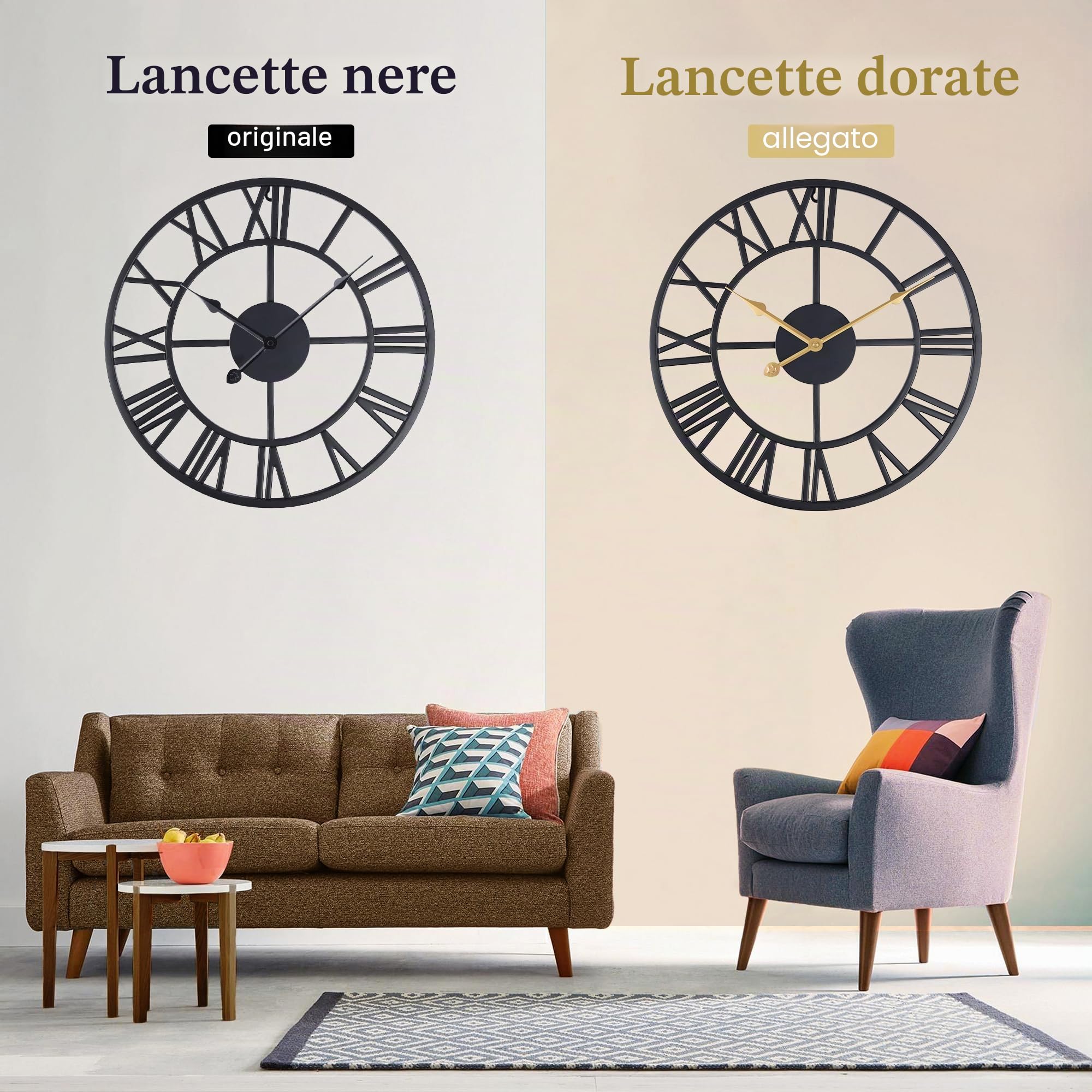 Lafocuse 40cm Orologio da Parete Grande Nero, Silenzioso Metallo Numeri Romani Orologi con 2 Paia di Lancette, Moderno Decorativo Arredamento Casa per Soggiorno Camera da Letto Ufficio Cucina