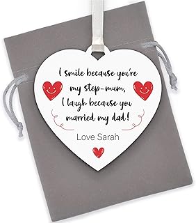 I Smile Because Your My Step Mum I Laugh Because You Married My Dad Gifts - Personalised Step Mum Wooden Heart - Birthday Christmas Gifts for Step Mum - Mothers Day Step Mum Gifts - With Grey Bag