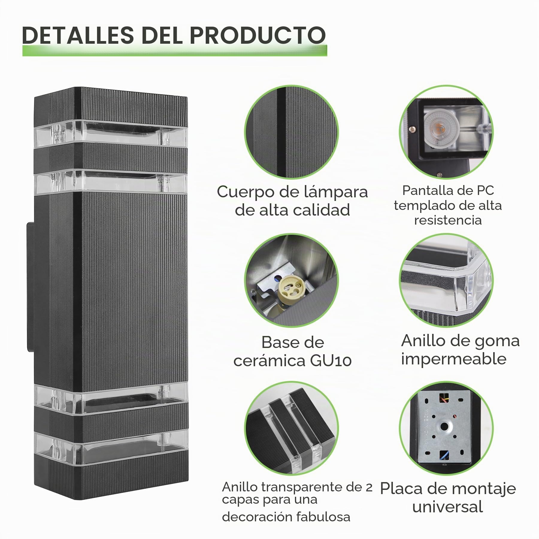 CANMEIJIA Aplique pared Exterior, luces de pared para exteriores IP65, impermeables, luces exteriores, luz de porche, lámpara de puerta delantera, moderna, aluminio negro, 3000K, incluye 4 * 6 W GU10