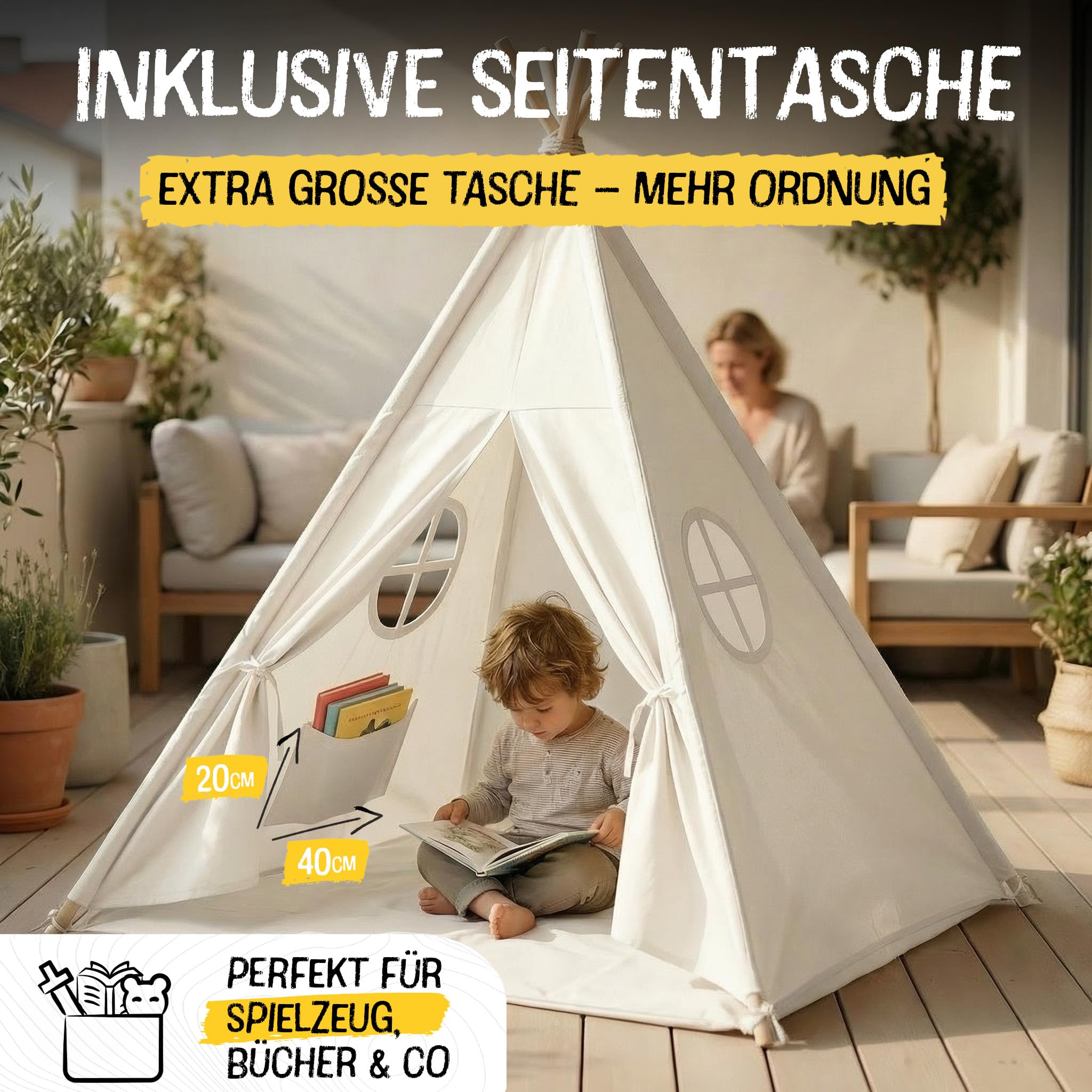 FRIEDO Tipi Zelt für Kinder inkl. Bodenmatte und Stabiler Holzstangen I OEKO-TEX100 zertifiziertes Baumwoll Tippi Kinderzelt Indoor und Outdoor nutzbar I Spielzelt für drinnen z.B. Kinderzimmer