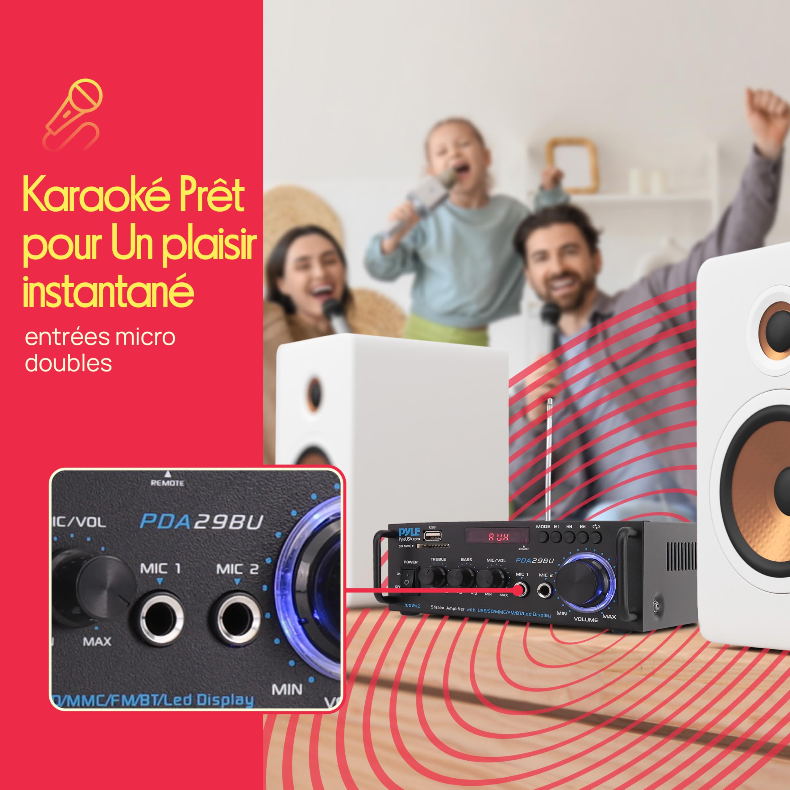 Pyle Amplificateur Audio Stéréo sans Fil Bluetooth - Système Récepteur Stéréo Audio à Deux Canaux de 200W avec RCA, USB, SD, Entrée Micro, Radio FM, pour Home Cinema Via RCA, Utilisation en Studio