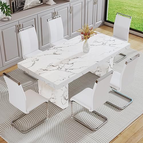 Miniatura 10 de gopop Juego de mesa de comedor de 11 piezas, juego de mesa de comedor de mármol de 79 pulgadas para 10, tablero y base de mesa de comedor MDF con