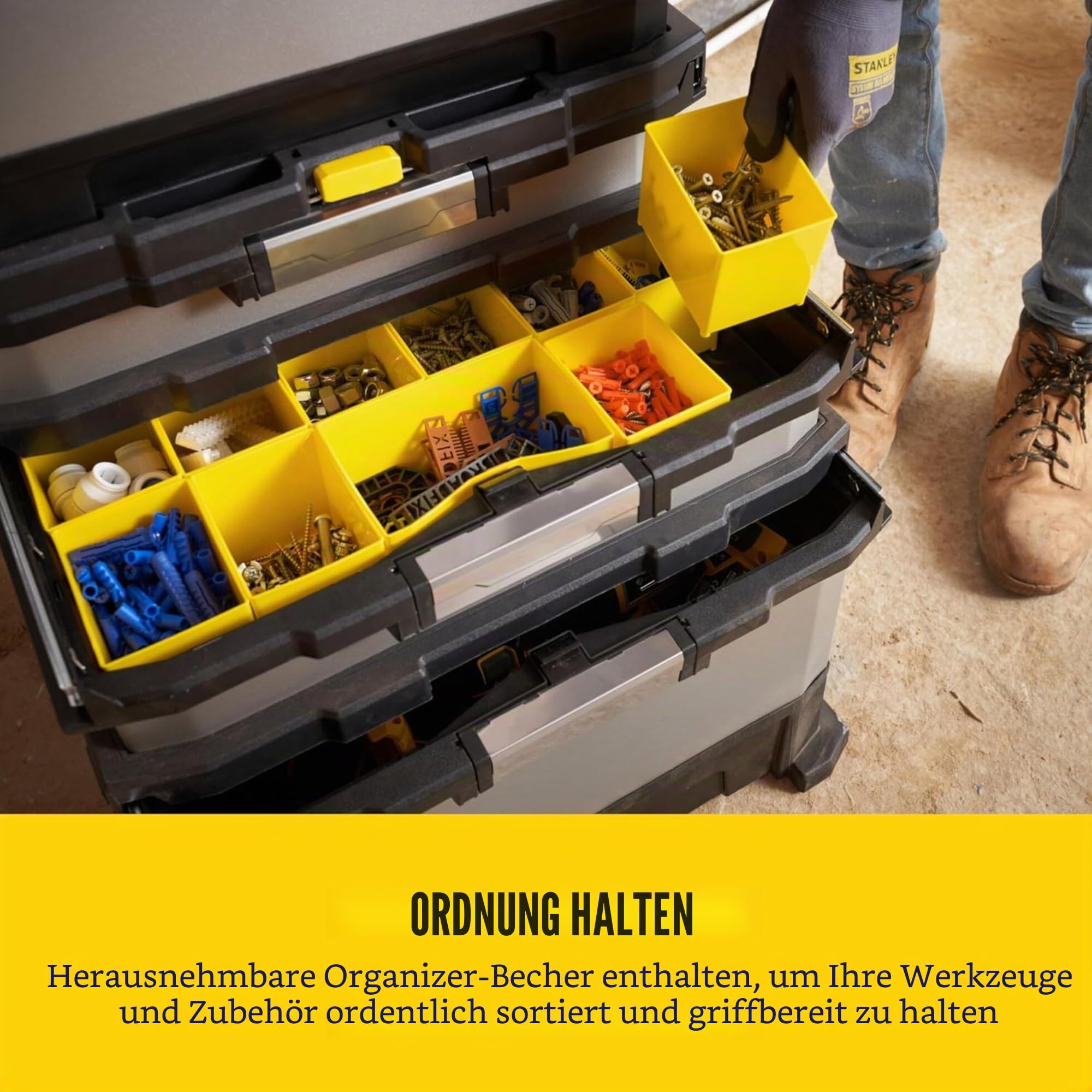 STANLEY FATMAX Rolling Workshop, 4-in-1-Geräte einschließlich abnehmbarer Werkzeugbox, strapazierfähiges Metall und Kunststoff, mobile Workstation, 1-95-622