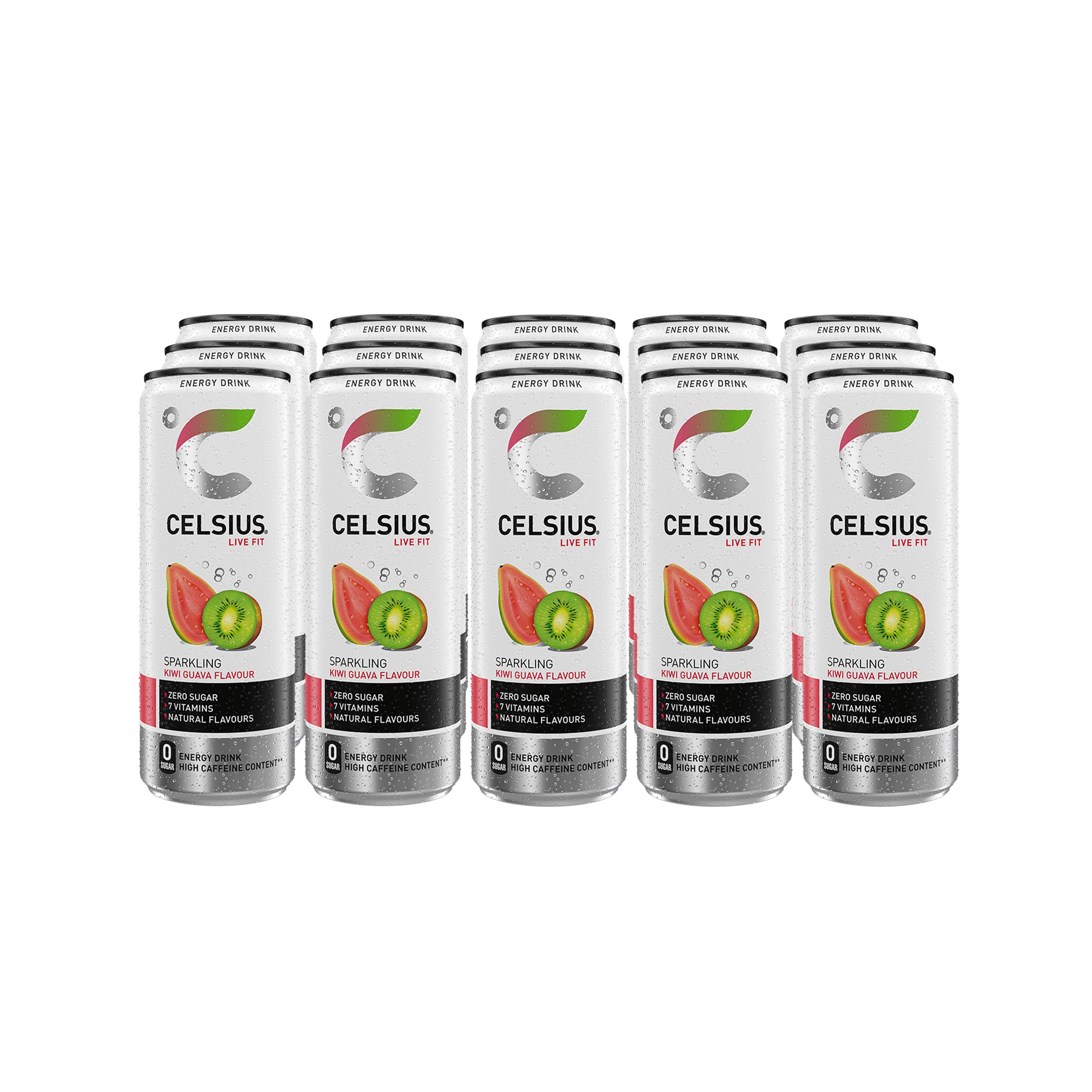 Celsius Bebida Energética Sin Azúcar, Sabor Kiwi Guayaba, Energy Drink Funcional - Lata, Pack 12 x 355 ml