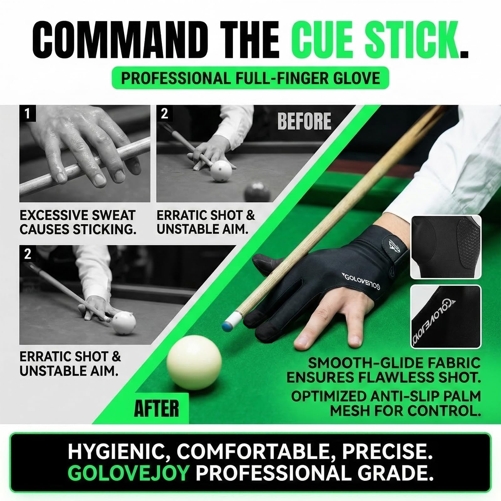 Gants de Billard Respirants à Séchage Rapide Antidérapant pour Tir Précision Queue de Billard Noir